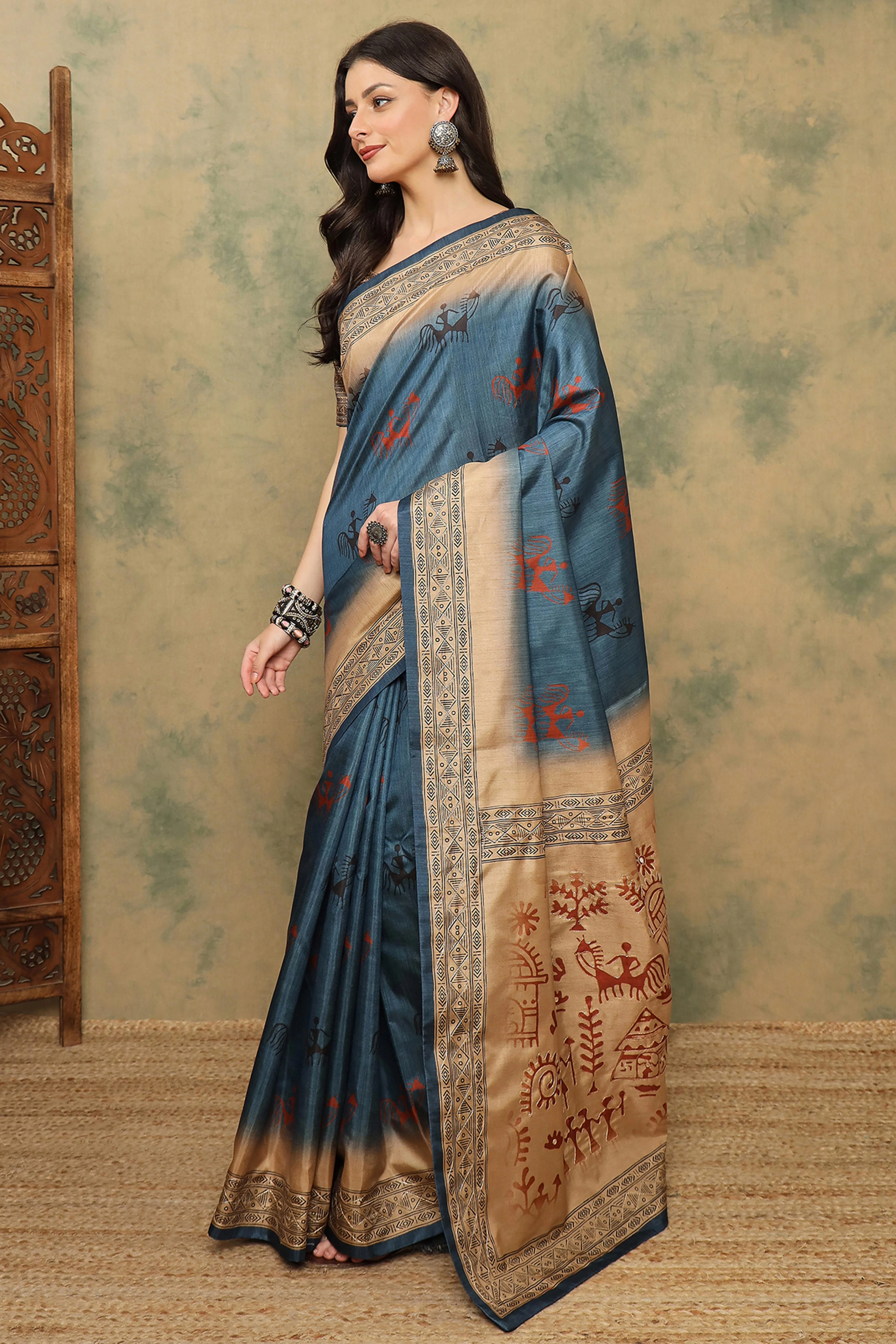 Blue Warli Folk Art Printed Cotton Silk Saree Flowy Drape Festive Wear - Image 4