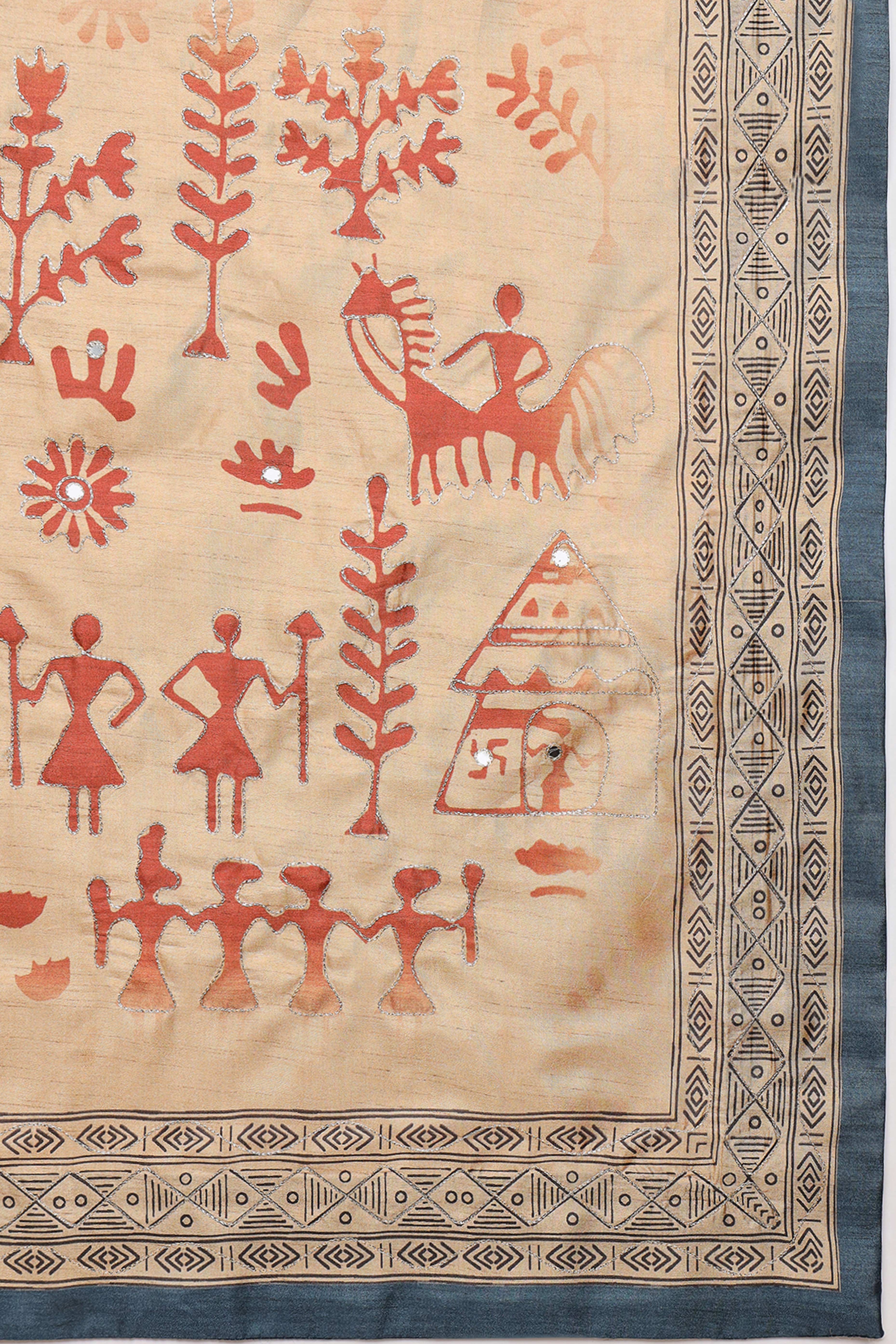 Blue Warli Folk Art Printed Cotton Silk Saree Flowy Drape Festive Wear - Image 5