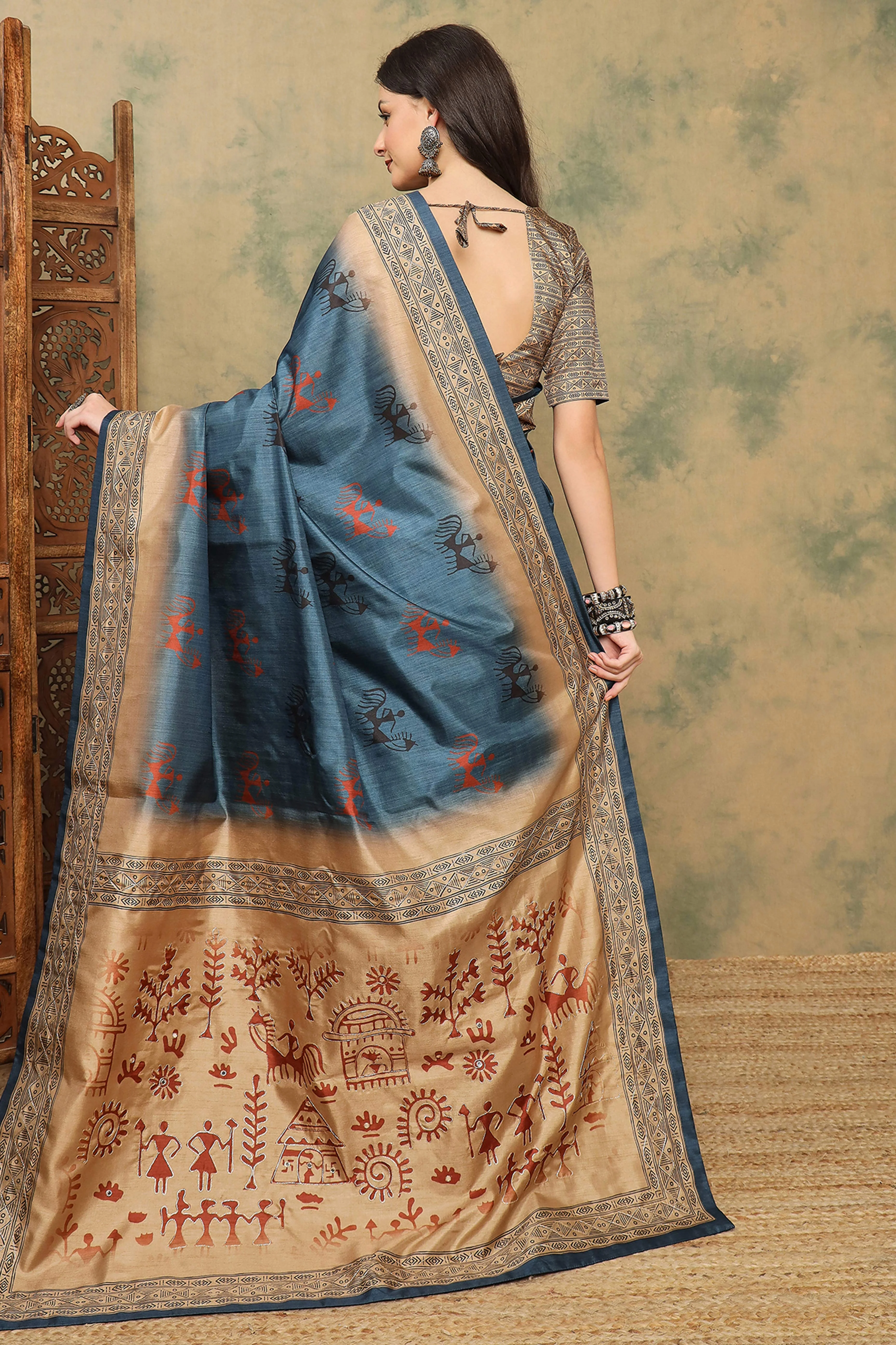Blue Warli Folk Art Printed Cotton Silk Saree Flowy Drape Festive Wear - Image 6