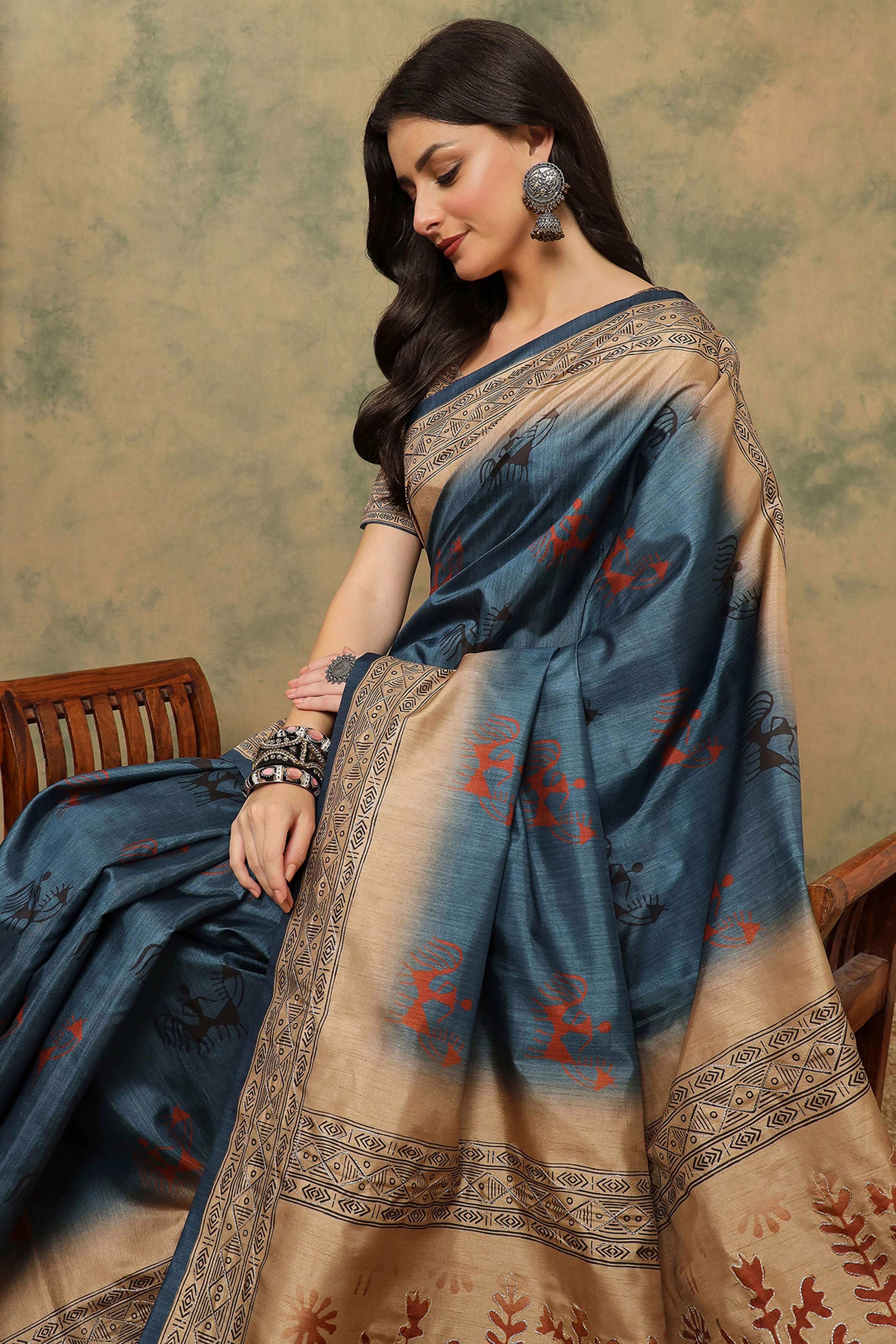 Blue Warli Folk Art Printed Cotton Silk Saree Flowy Drape Festive Wear - Image 7