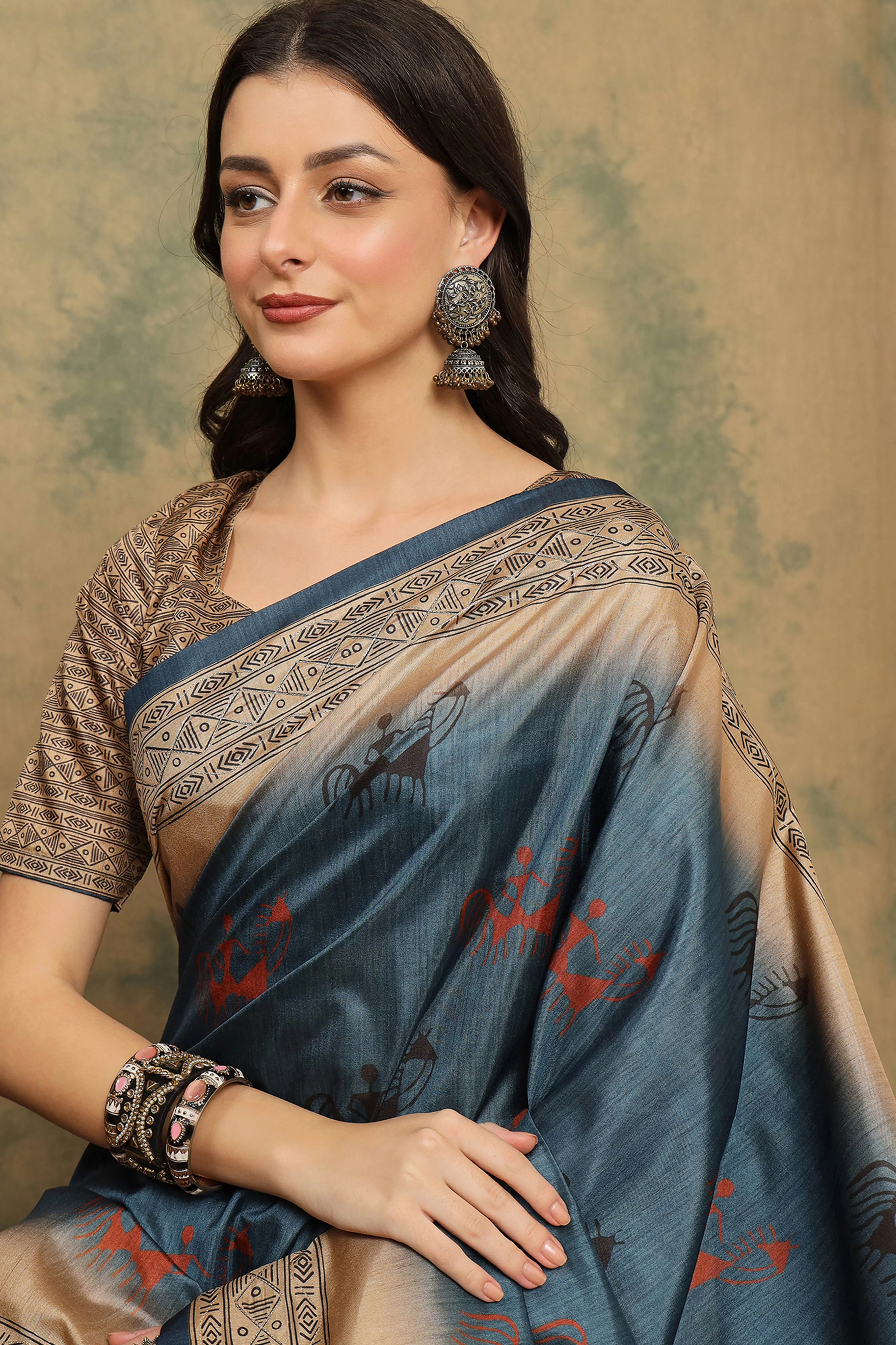 Blue Warli Folk Art Printed Cotton Silk Saree Flowy Drape Festive Wear - Image 8