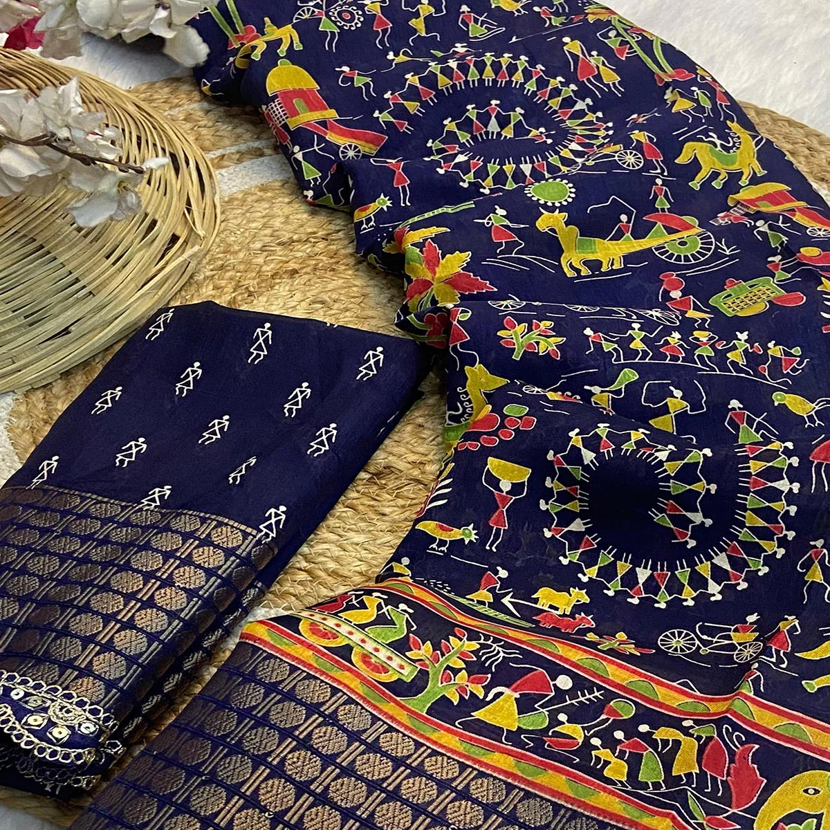 Blue Warli Printed Dola Silk Saree With Sequins Border - Image 2