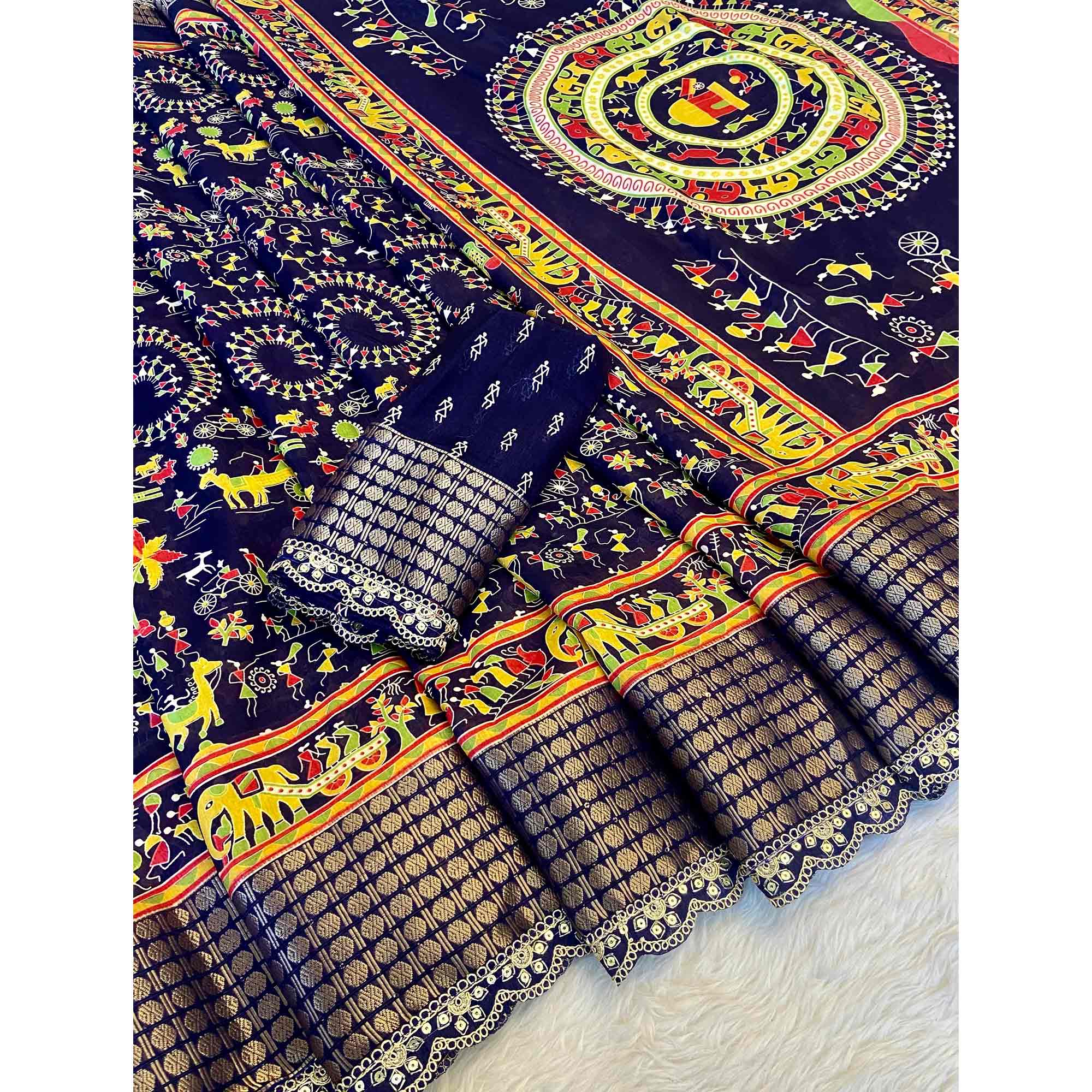 Blue Warli Printed Dola Silk Saree With Sequins Border - Image 3