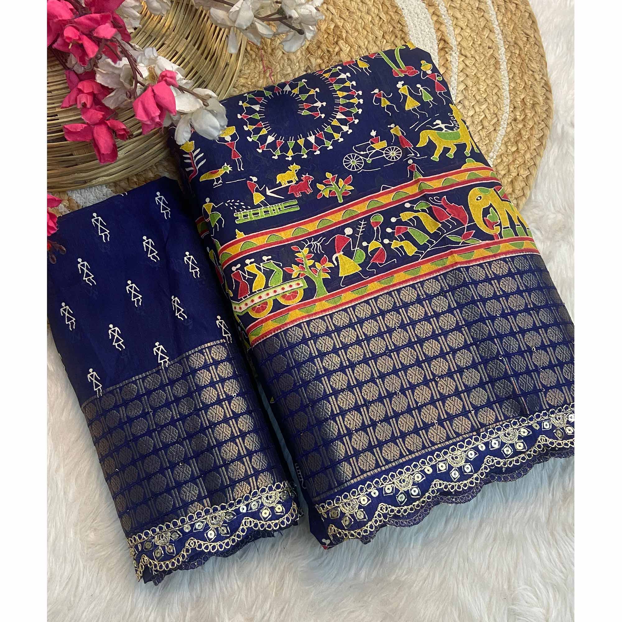 Blue Warli Printed Dola Silk Saree With Sequins Border - Image 4