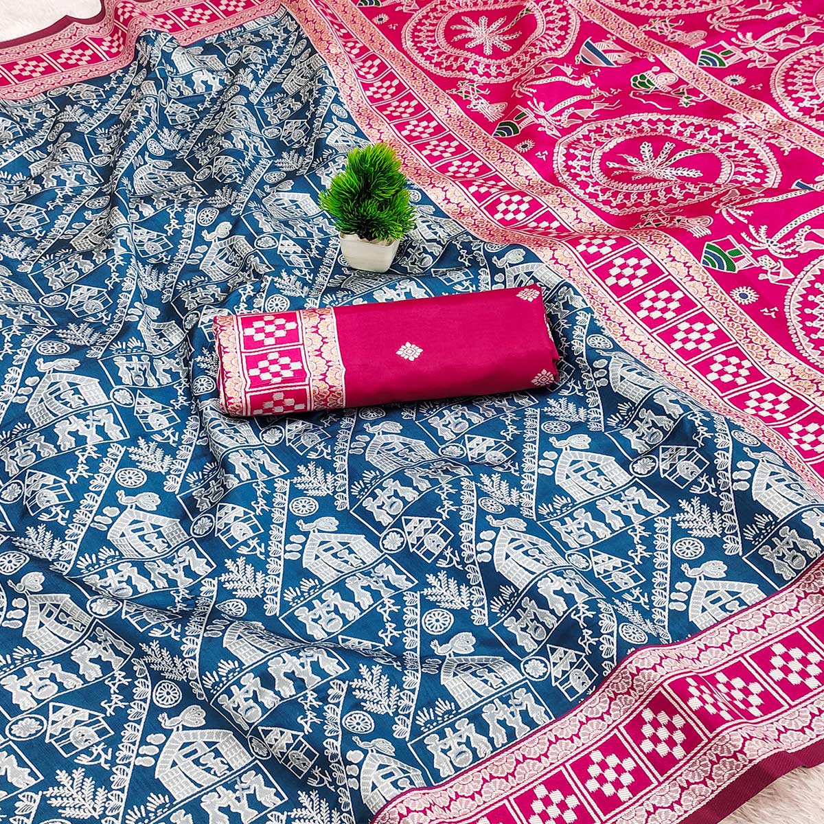 Blue Warli Tribal Weaving Cotton Silk Saree With Madhubani Art Work Pallu - Image 2