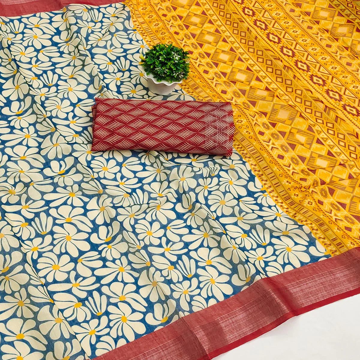 Blue & White Printed Linen Saree - Image 2