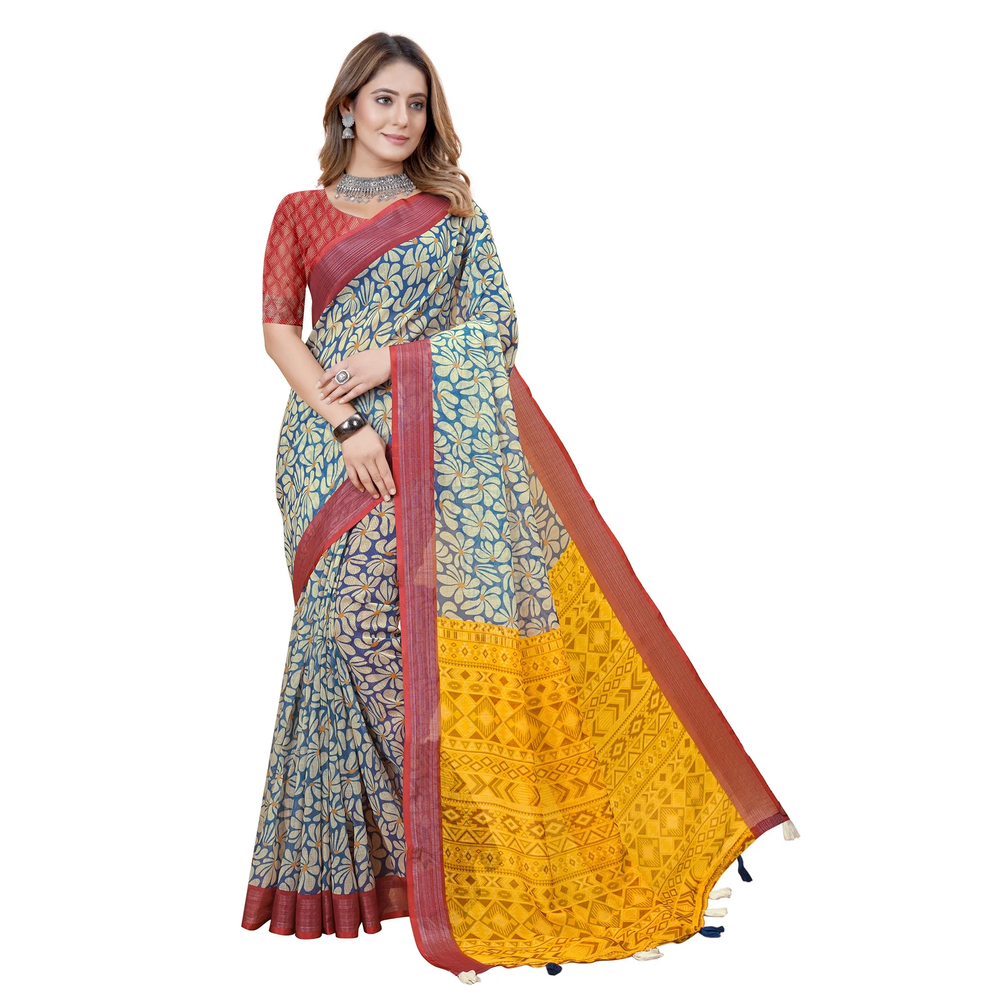 Blue & White Printed Linen Saree - Image 3