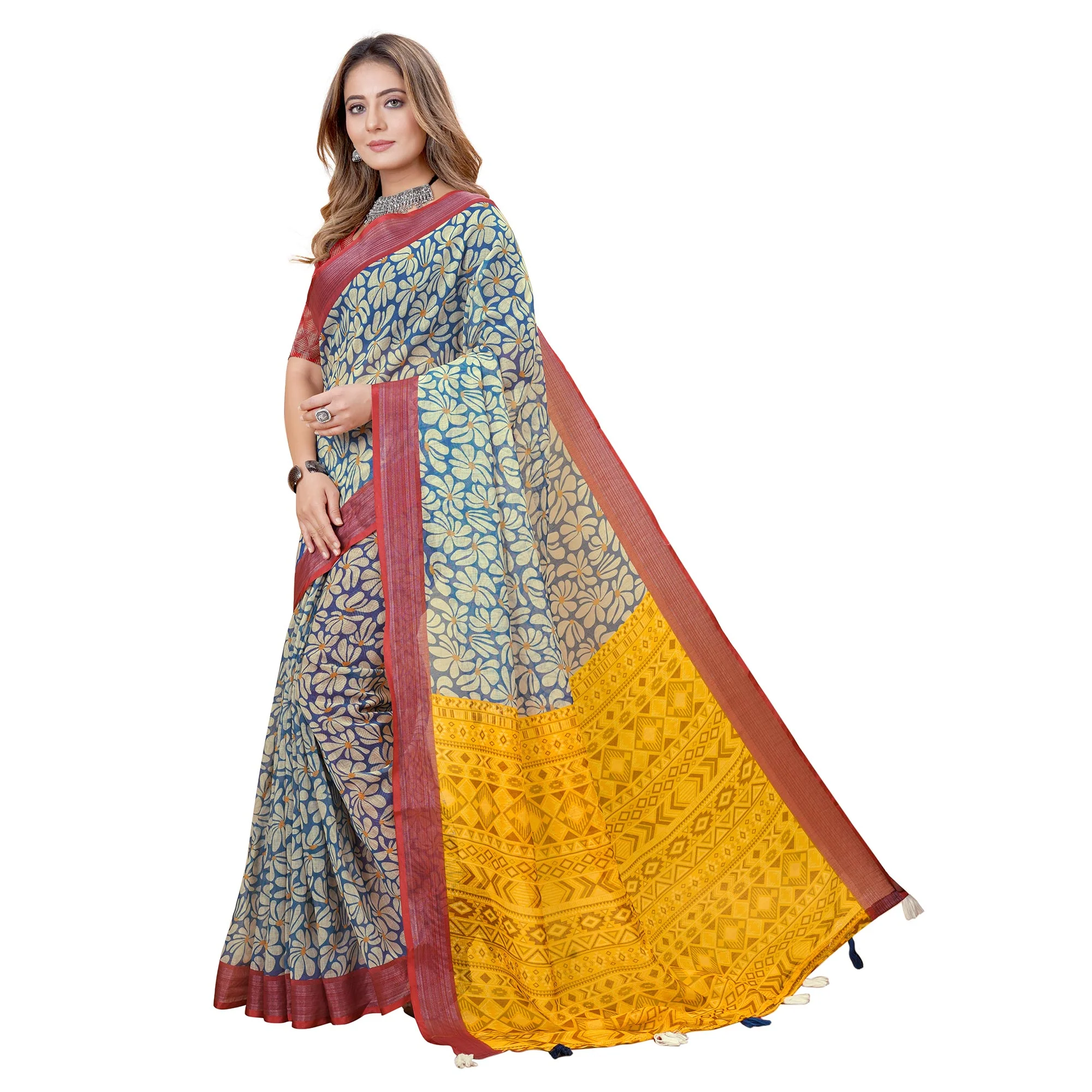 Blue & White Printed Linen Saree - Image 4