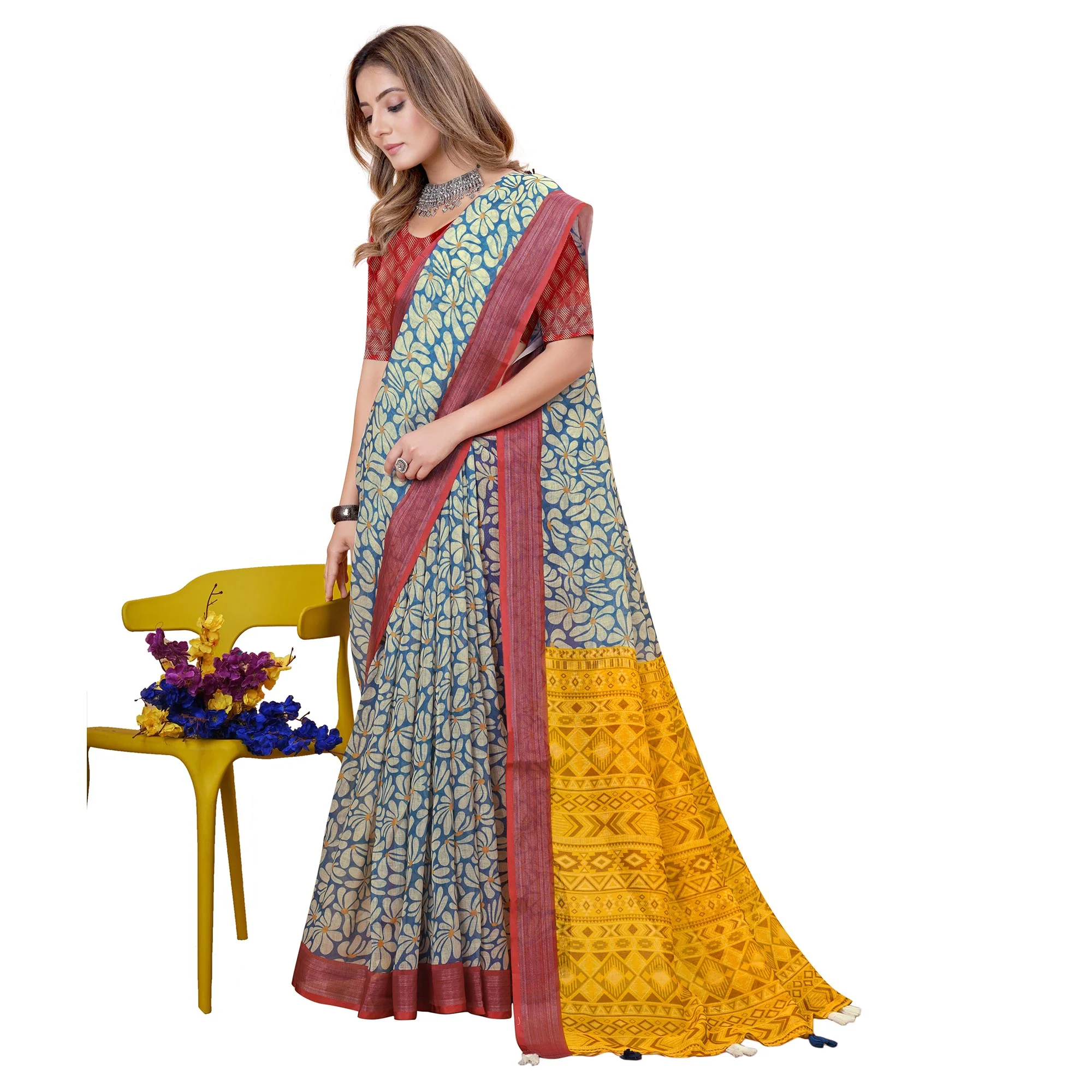 Blue & White Printed Linen Saree - Image 5