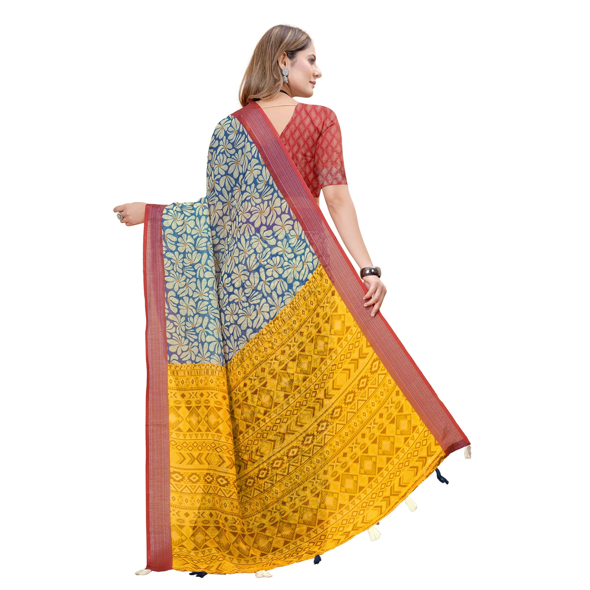 Blue & White Printed Linen Saree - Image 6