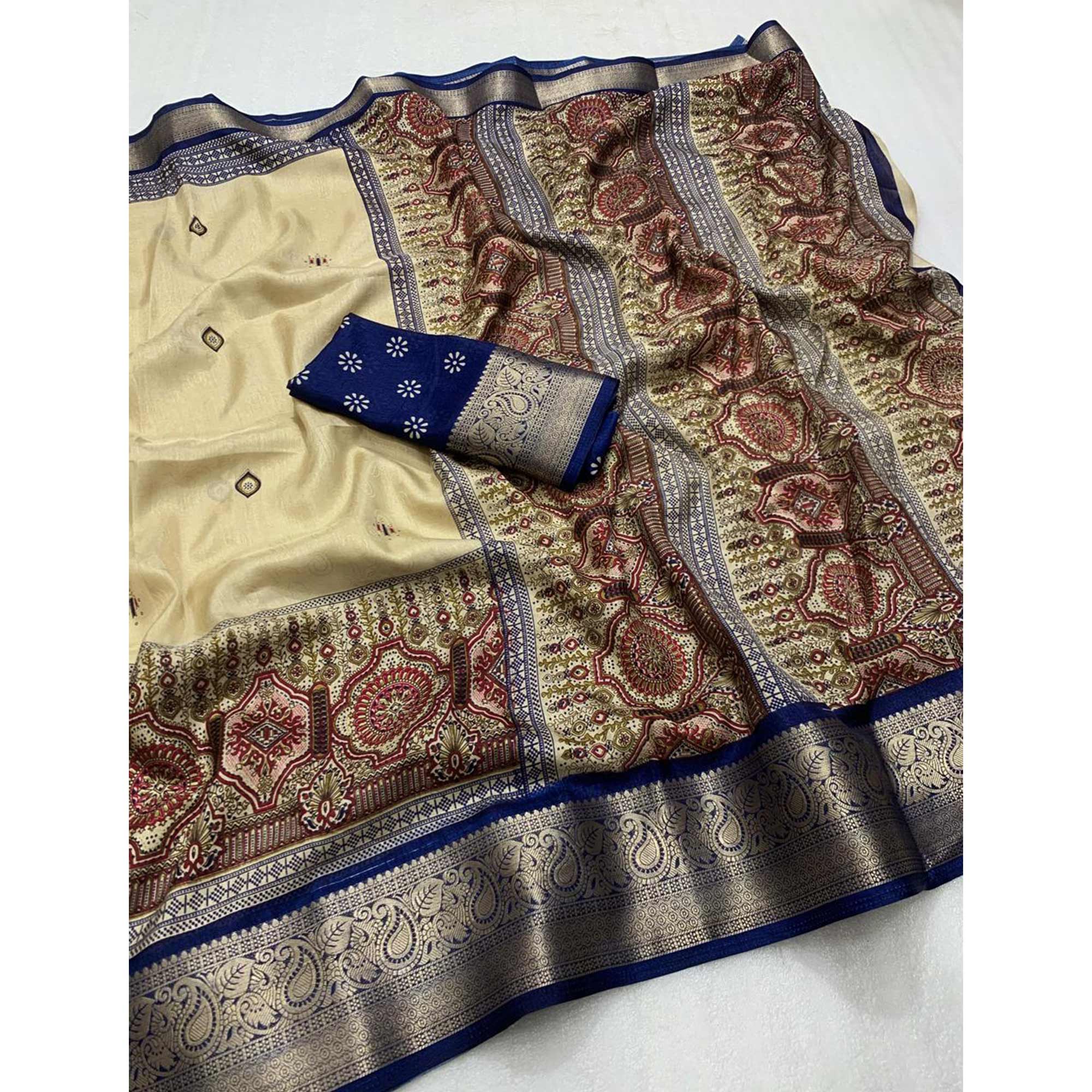 Blue Woven Border Saree in Lustrous Dola Silk with Print Accents - Image 3