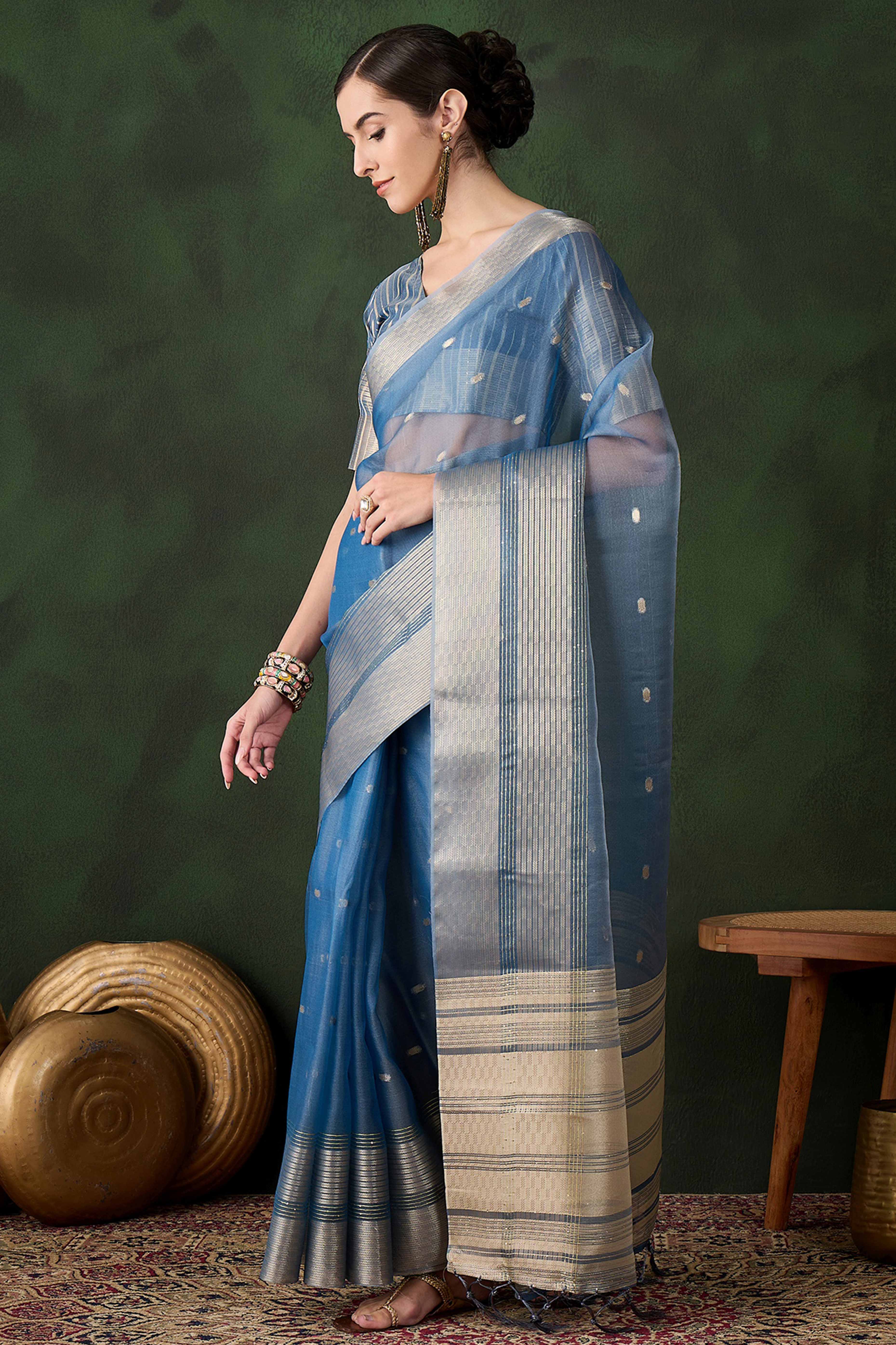 Blue Woven Khadi Organza Saree Embellished With Shimmering Sequins Work - Image 3
