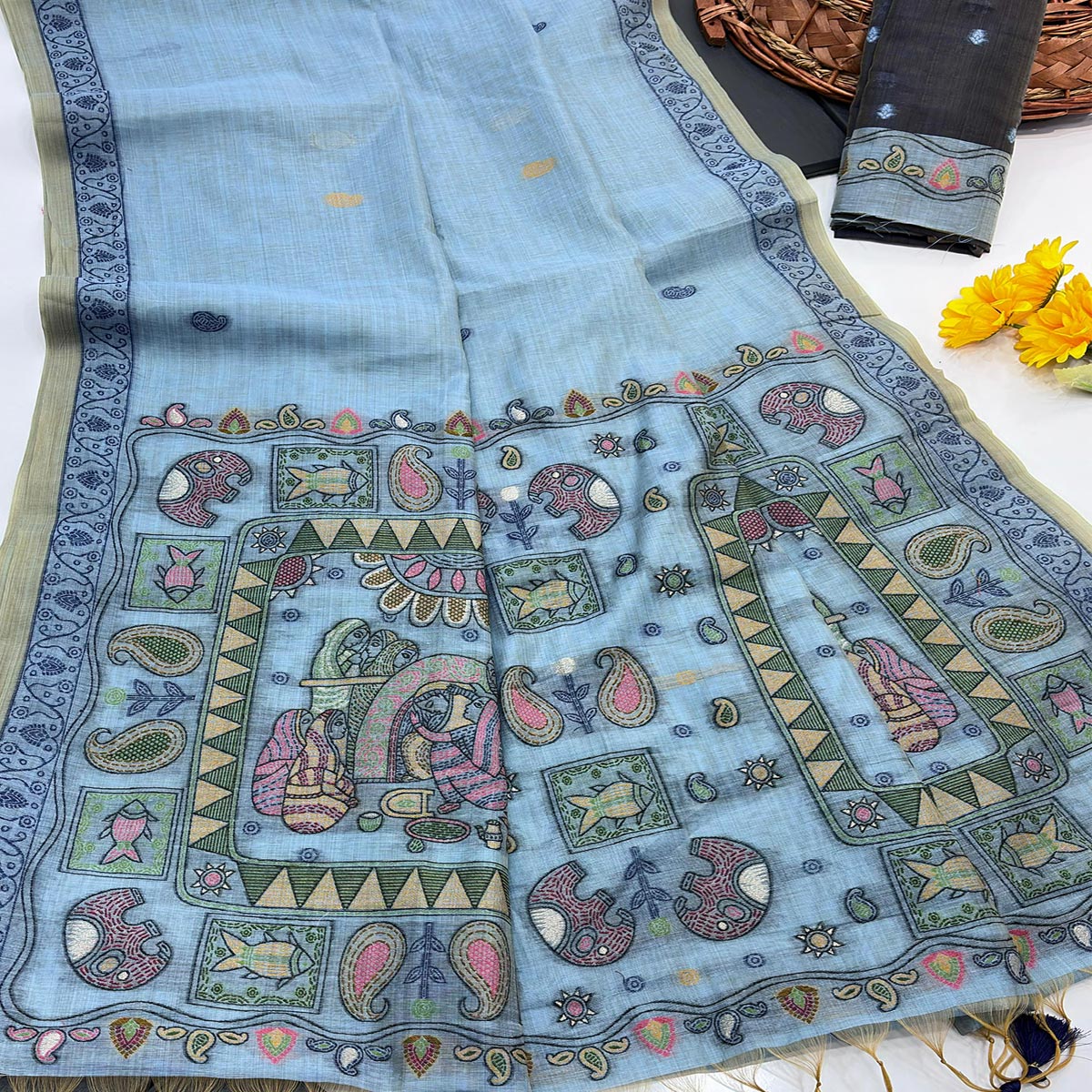 Blue Woven Muga Cotton Silk Saree In Kalamkari Motifs On Pallu - Image 2