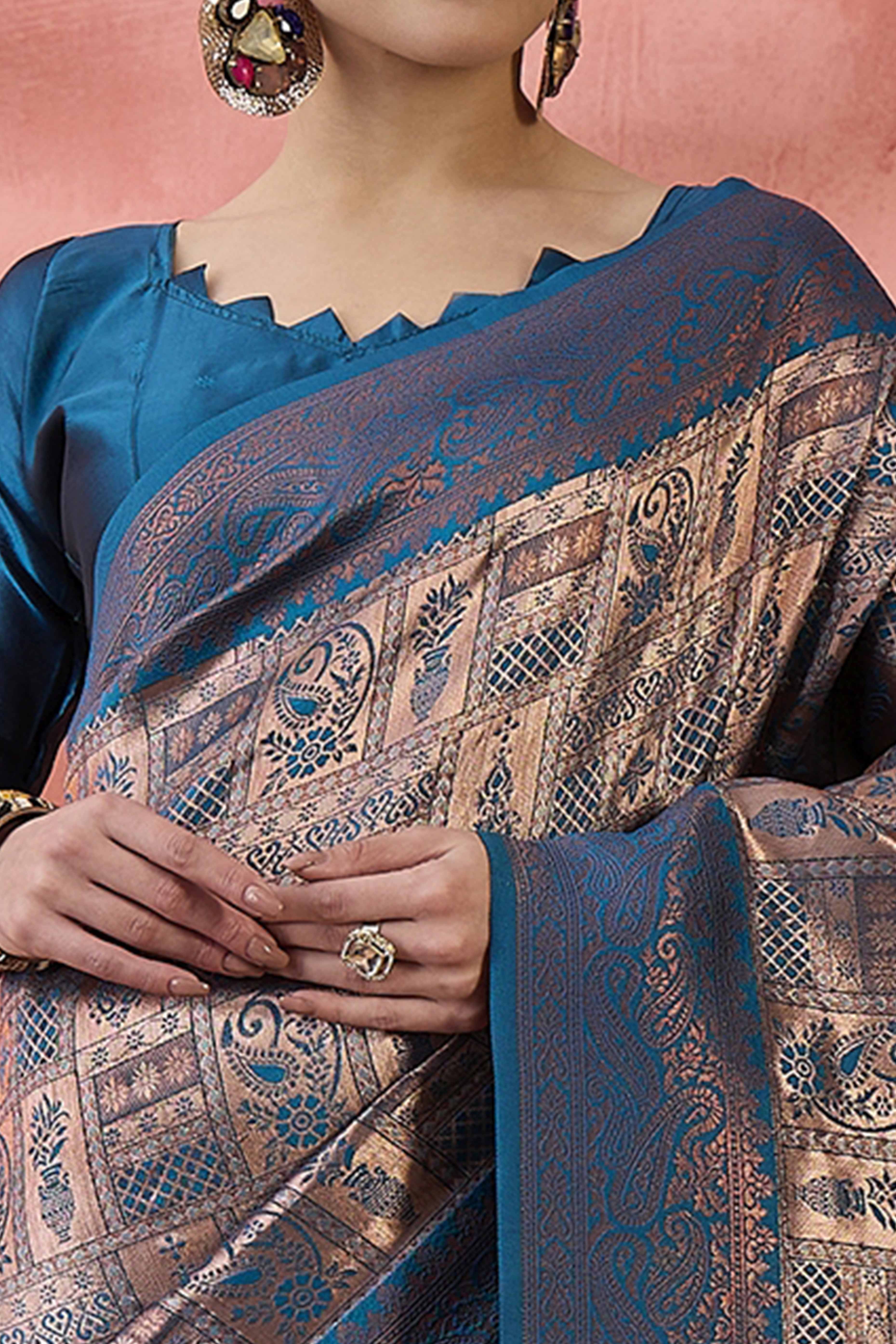 Blue Woven Poly Silk Blend Saree Featuring Floral & Paisley Motifs With Tassel Accents - Image 2