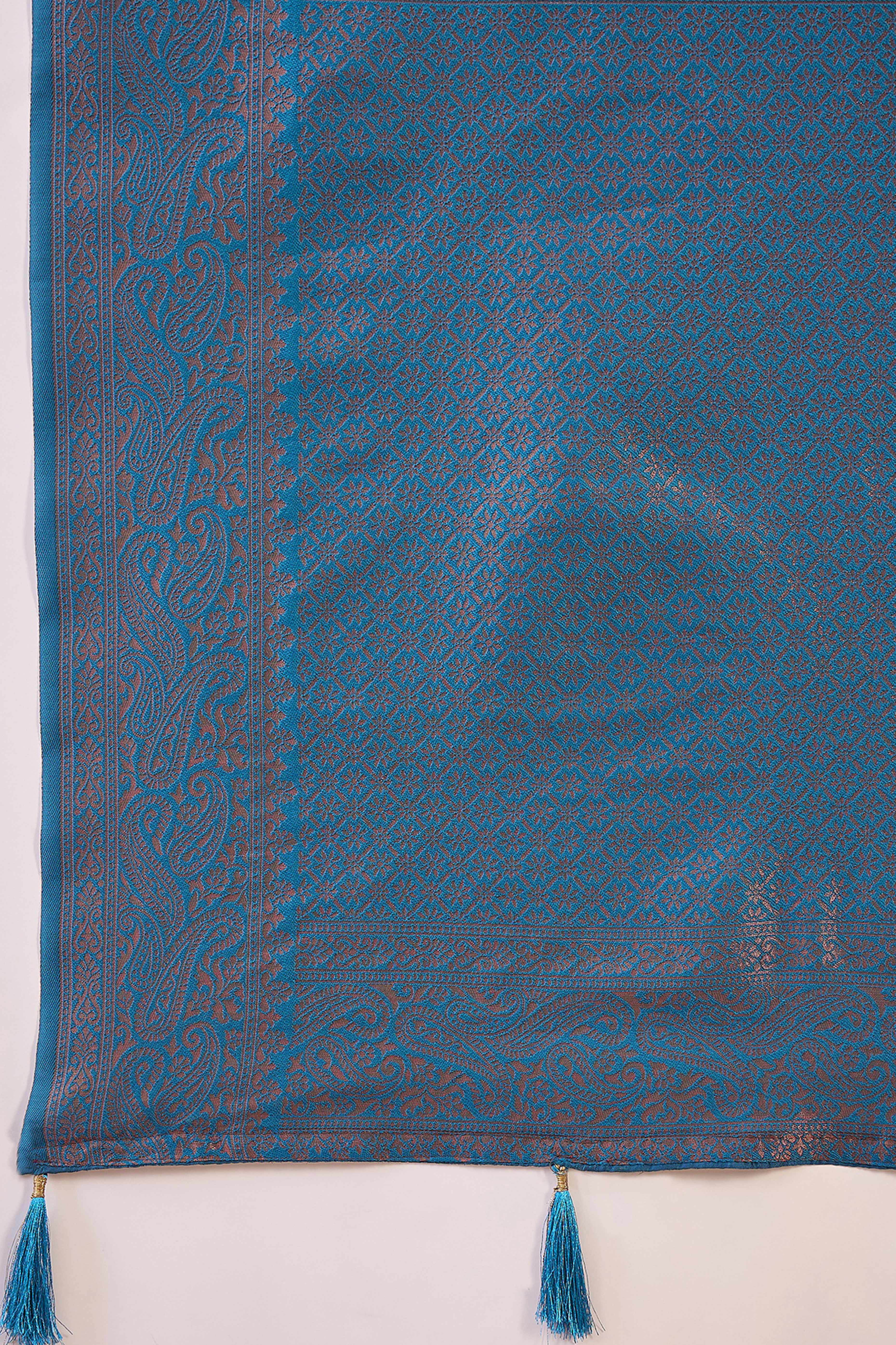 Blue Woven Poly Silk Blend Saree Featuring Floral & Paisley Motifs With Tassel Accents - Image 8