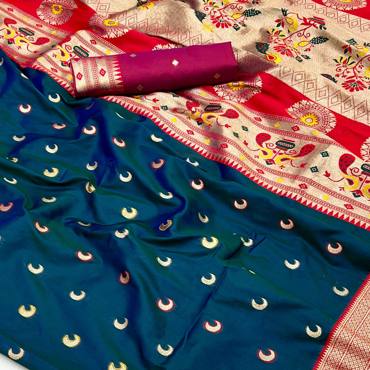 Blue Woven Pure Silk Paithani Saree - Image 2