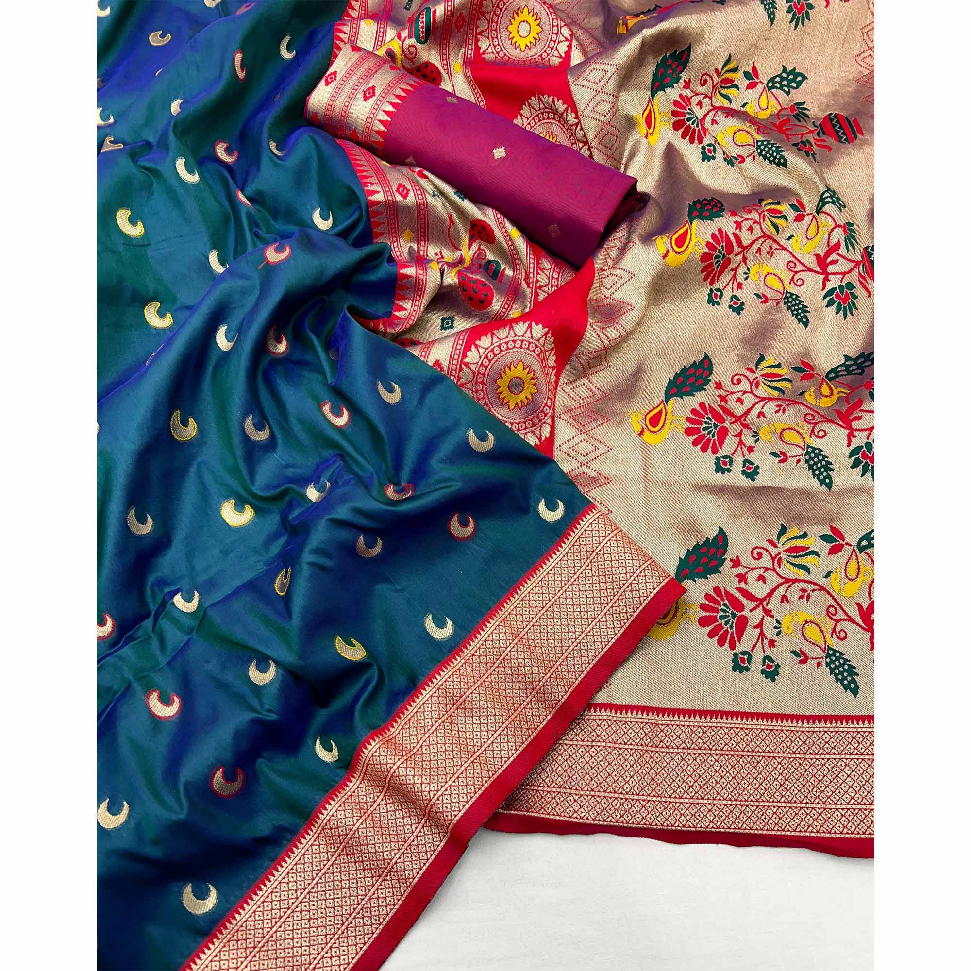 Blue Woven Pure Silk Paithani Saree - Image 3