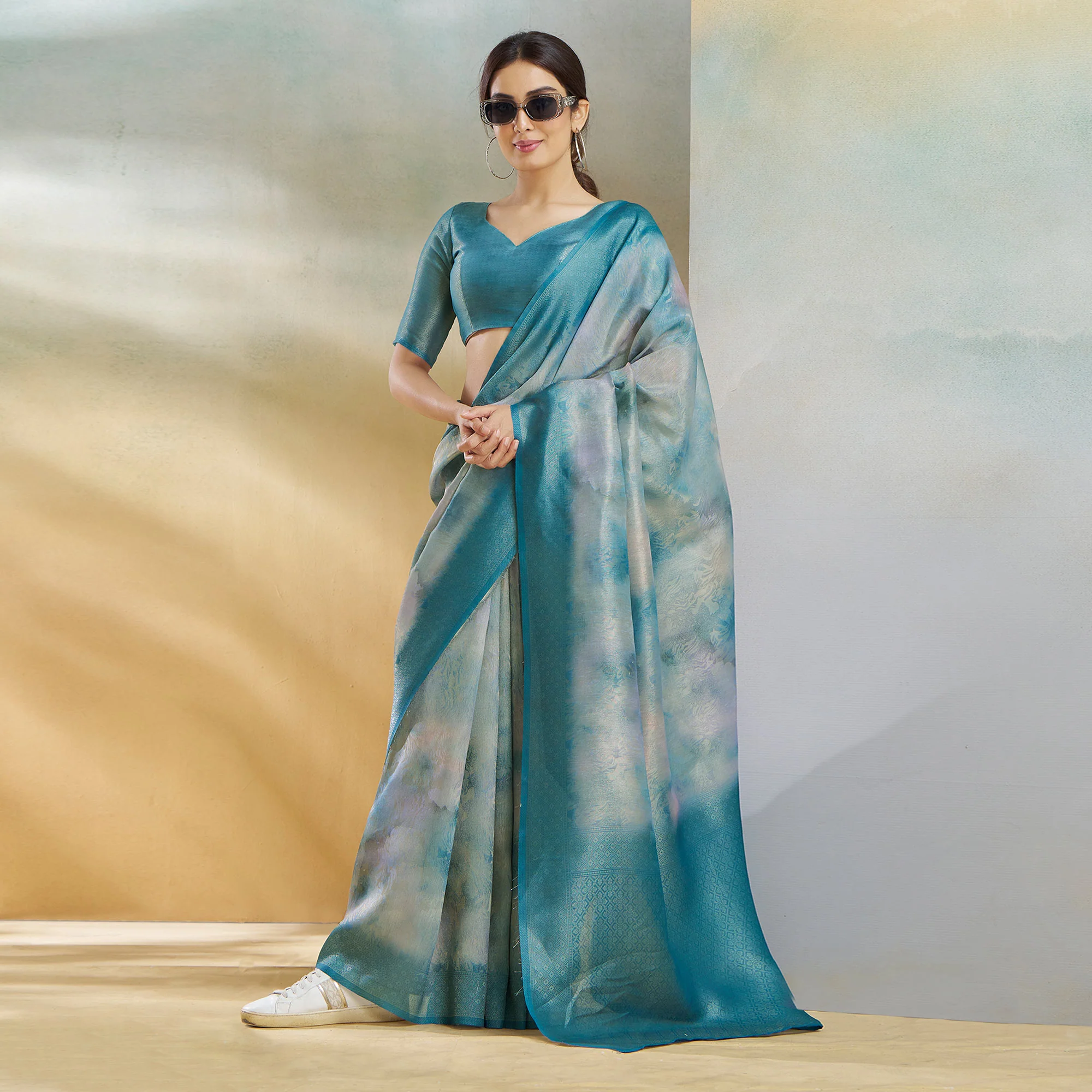 Blue Woven With Digital Printed Linen Saree - Image 2