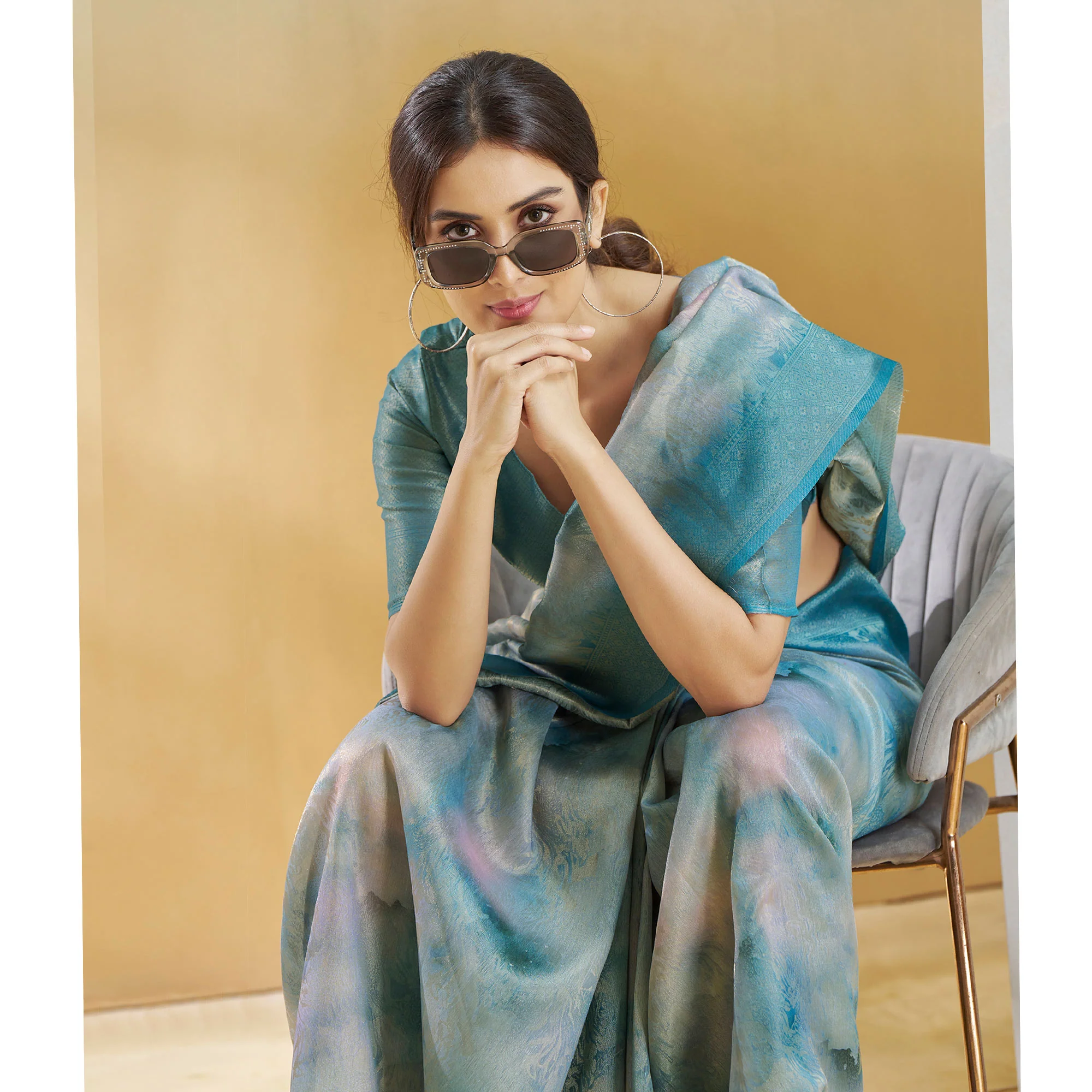 Blue Woven With Digital Printed Linen Saree - Image 6