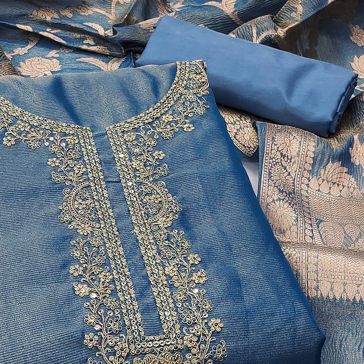 Blue Woven With Embroidered Banarasi Silk Shimmer Crush Dress Material - Image 2