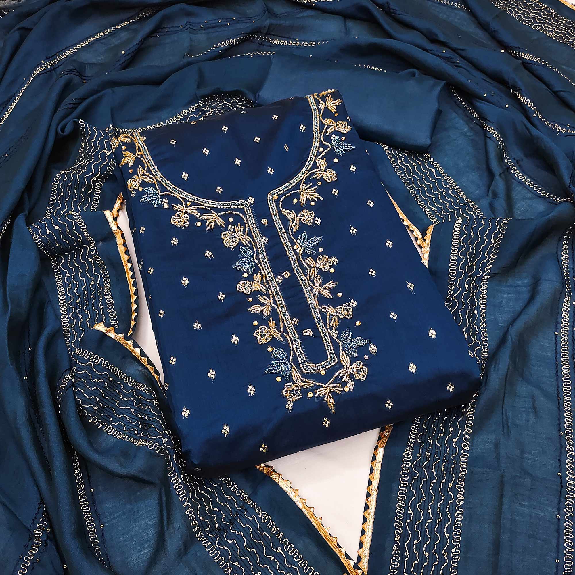 Blue Woven With handwork Chanderi Modal Dress Material