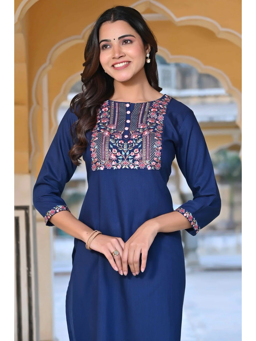 Blue Yoke Embroidered Rayon Slub Straight Kurti - Image 3