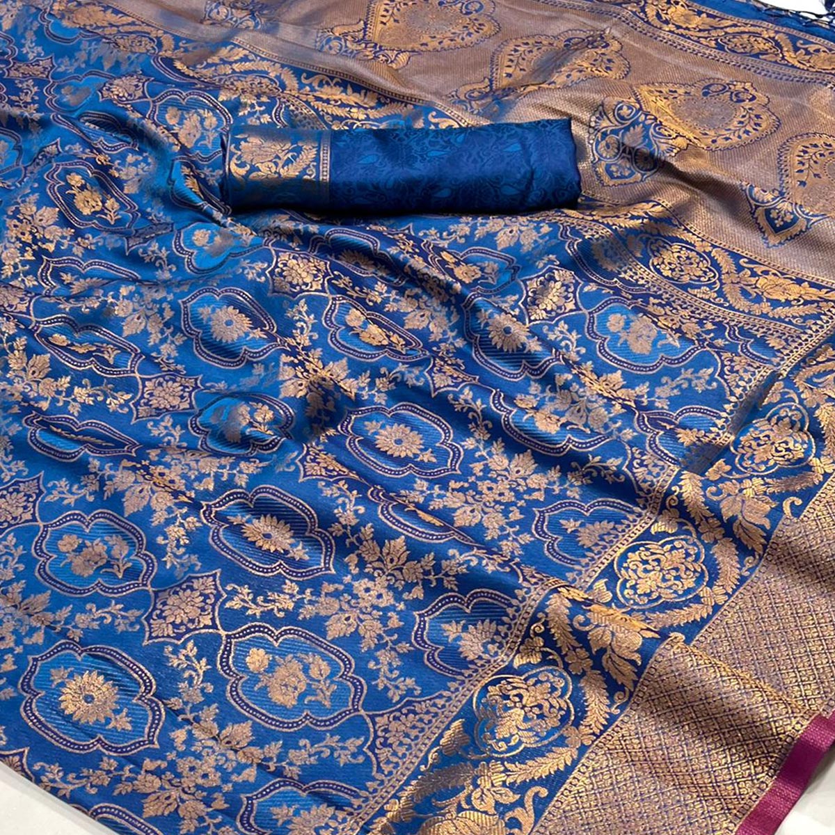 Blue Zari Weaving Art Silk Saree With Tassels - Image 2