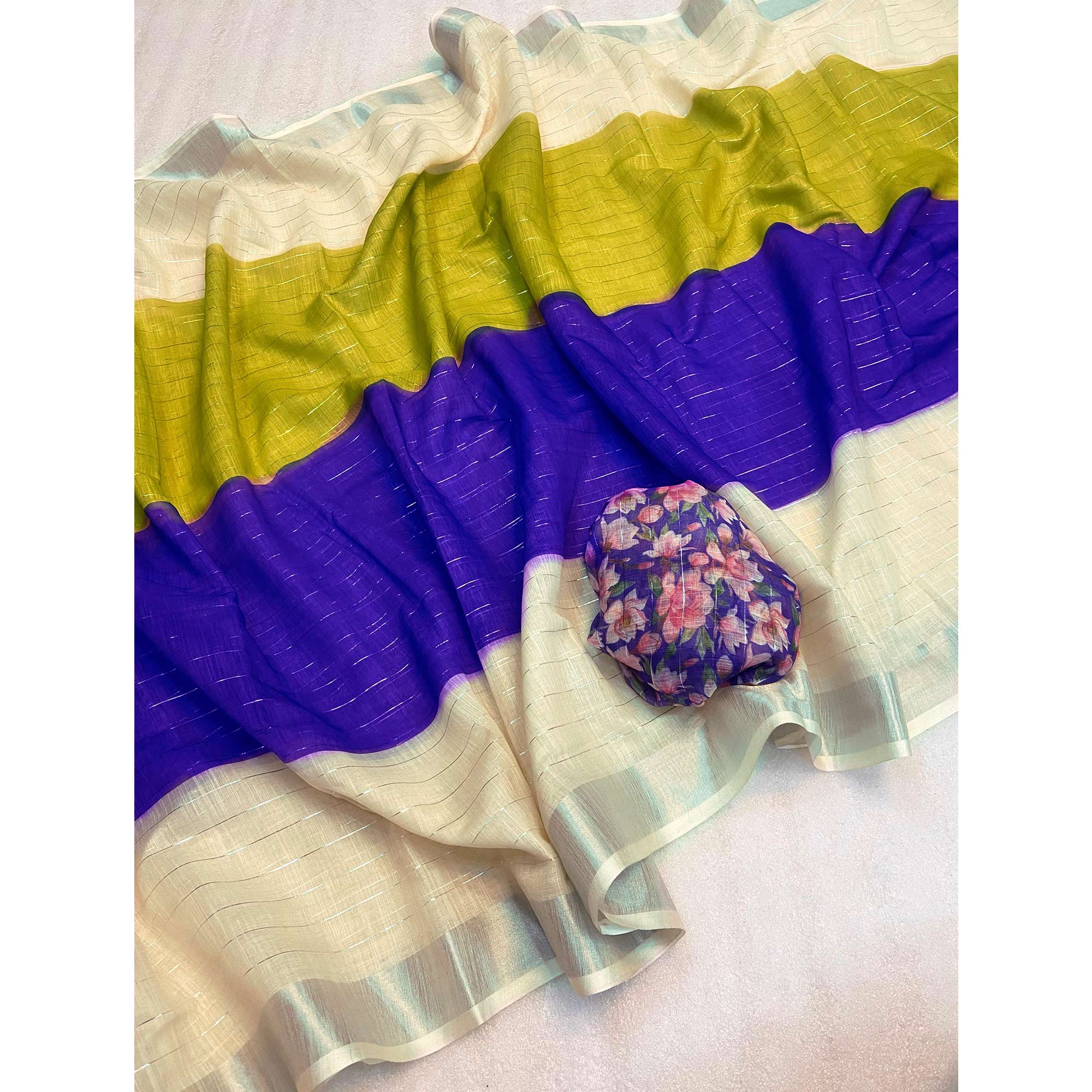 Blue Zari Weaving Linen Saree - Image 3