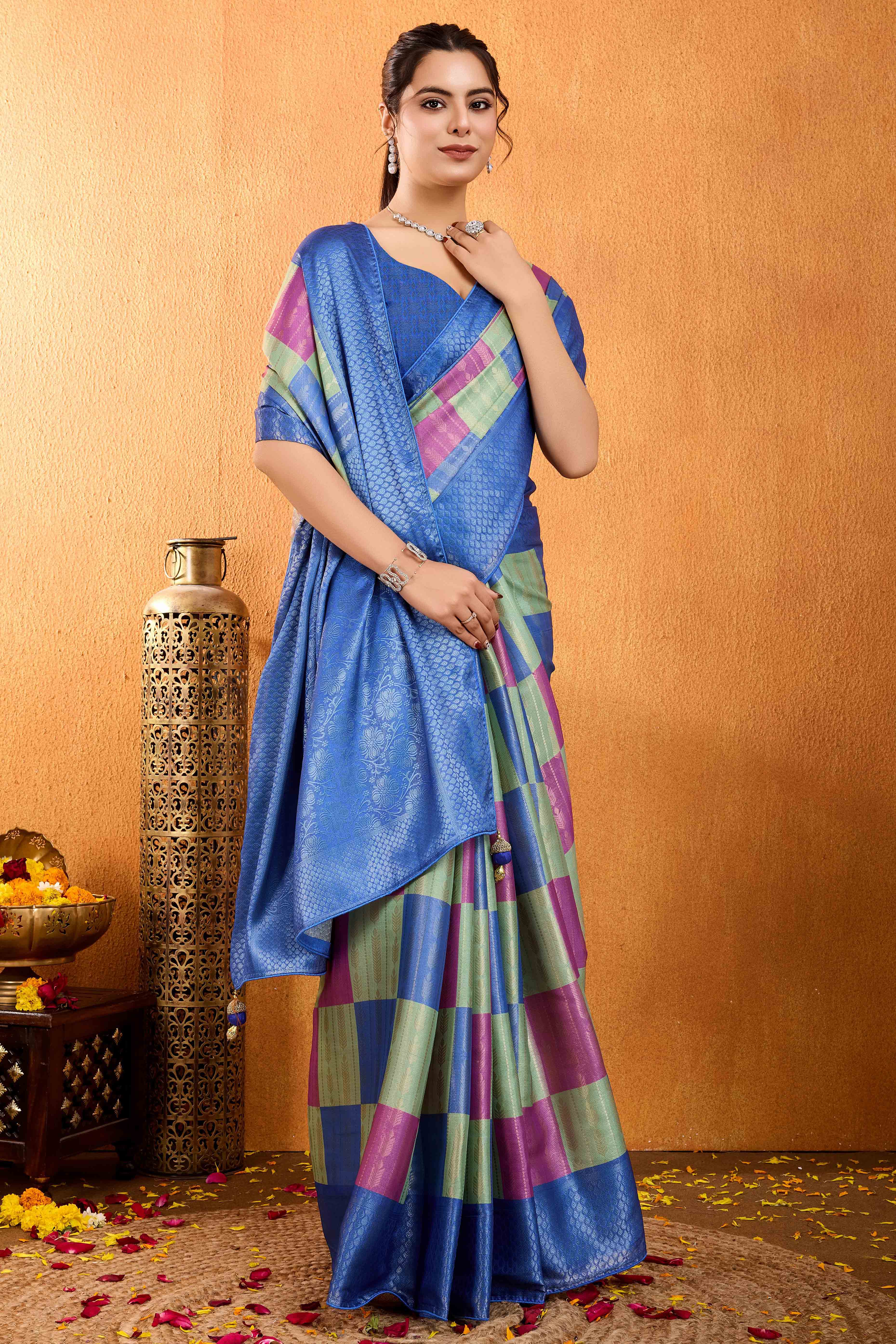 Blue Zari Weaving Mysore Brocade Silk Saree - Image 3