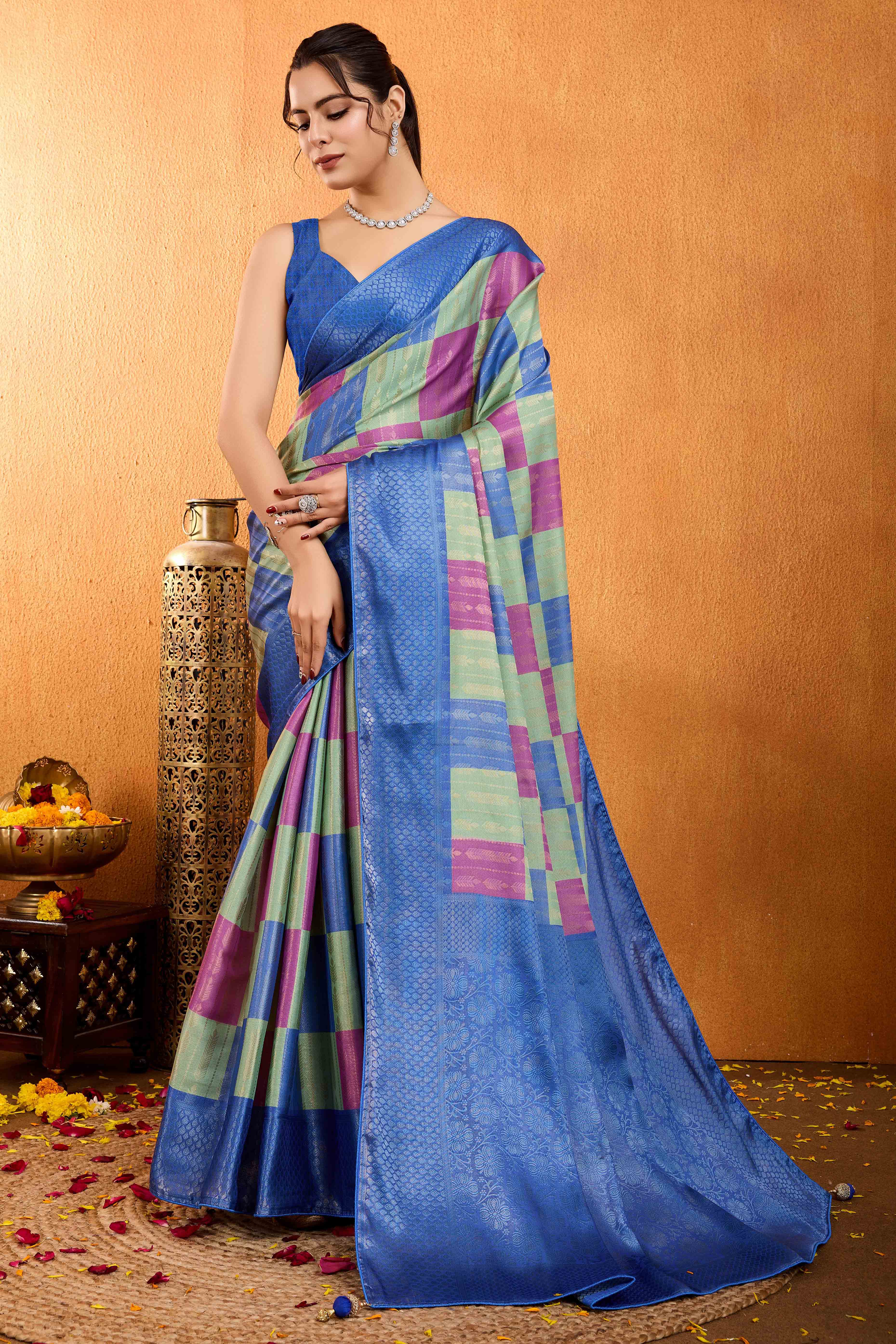 Blue Zari Weaving Mysore Brocade Silk Saree - Image 4
