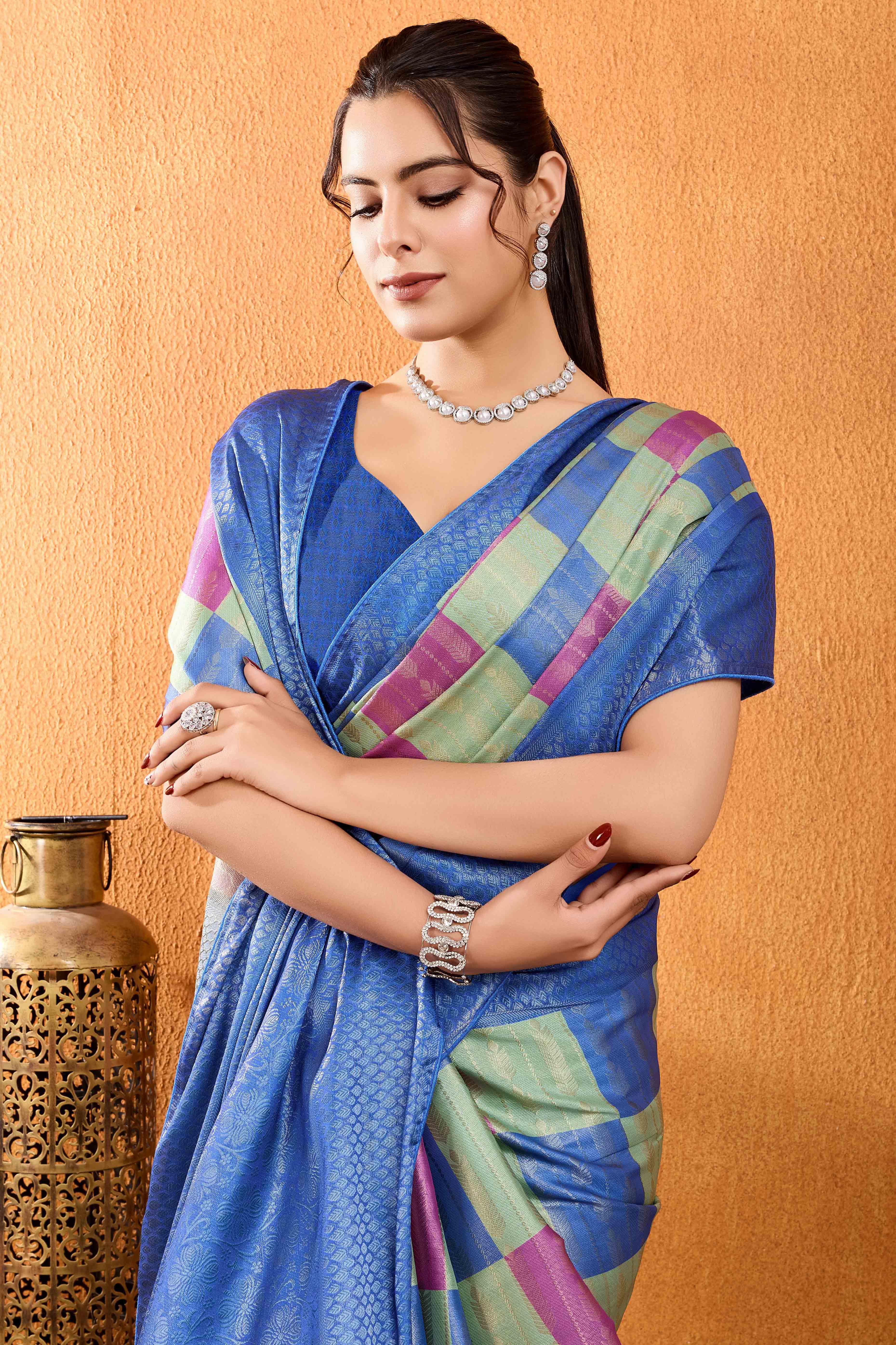 Blue Zari Weaving Mysore Brocade Silk Saree - Image 6