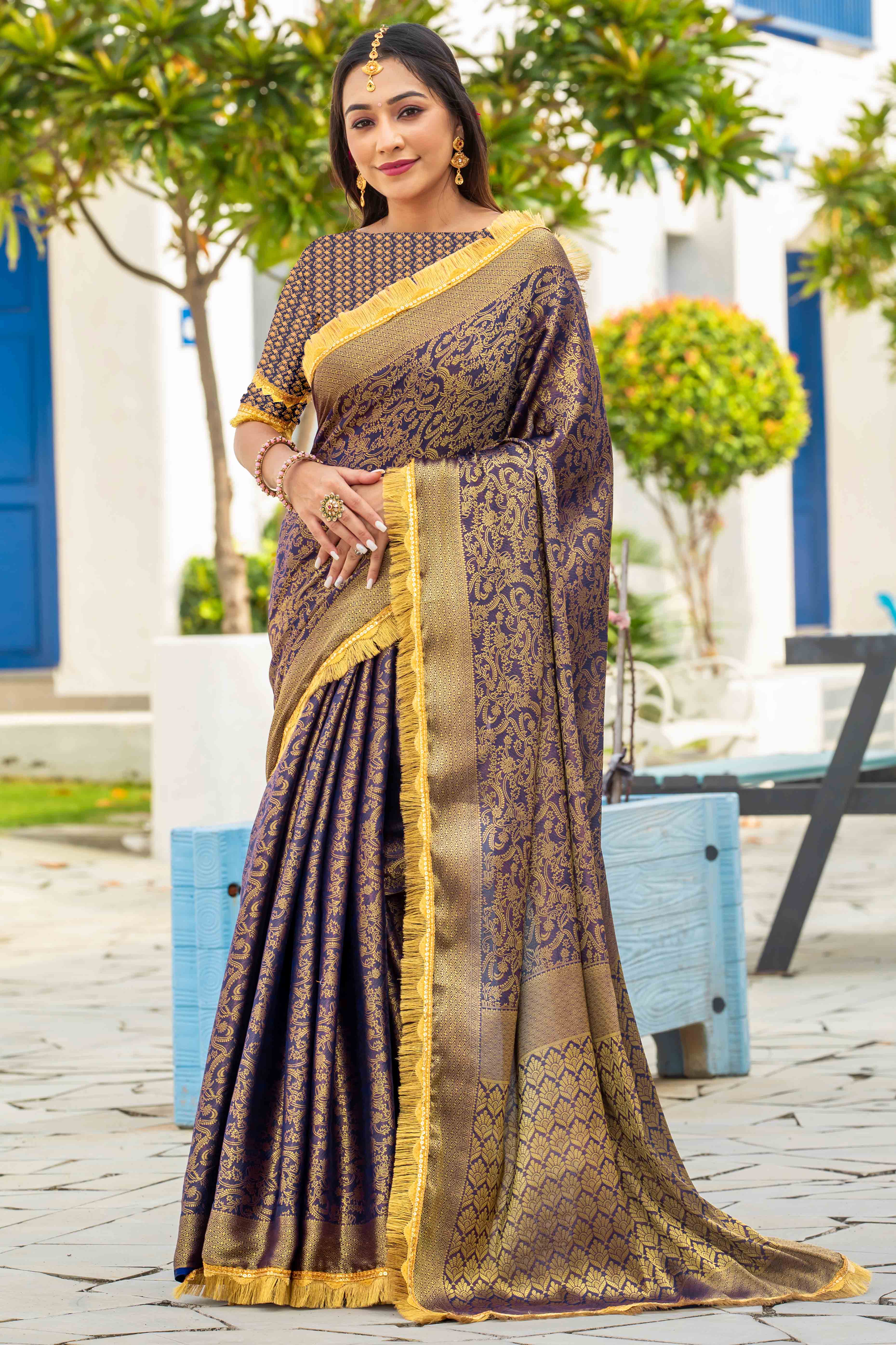 Blue Zari Weaving Mysore Brocade Silk Saree With Zari Border - Image 3