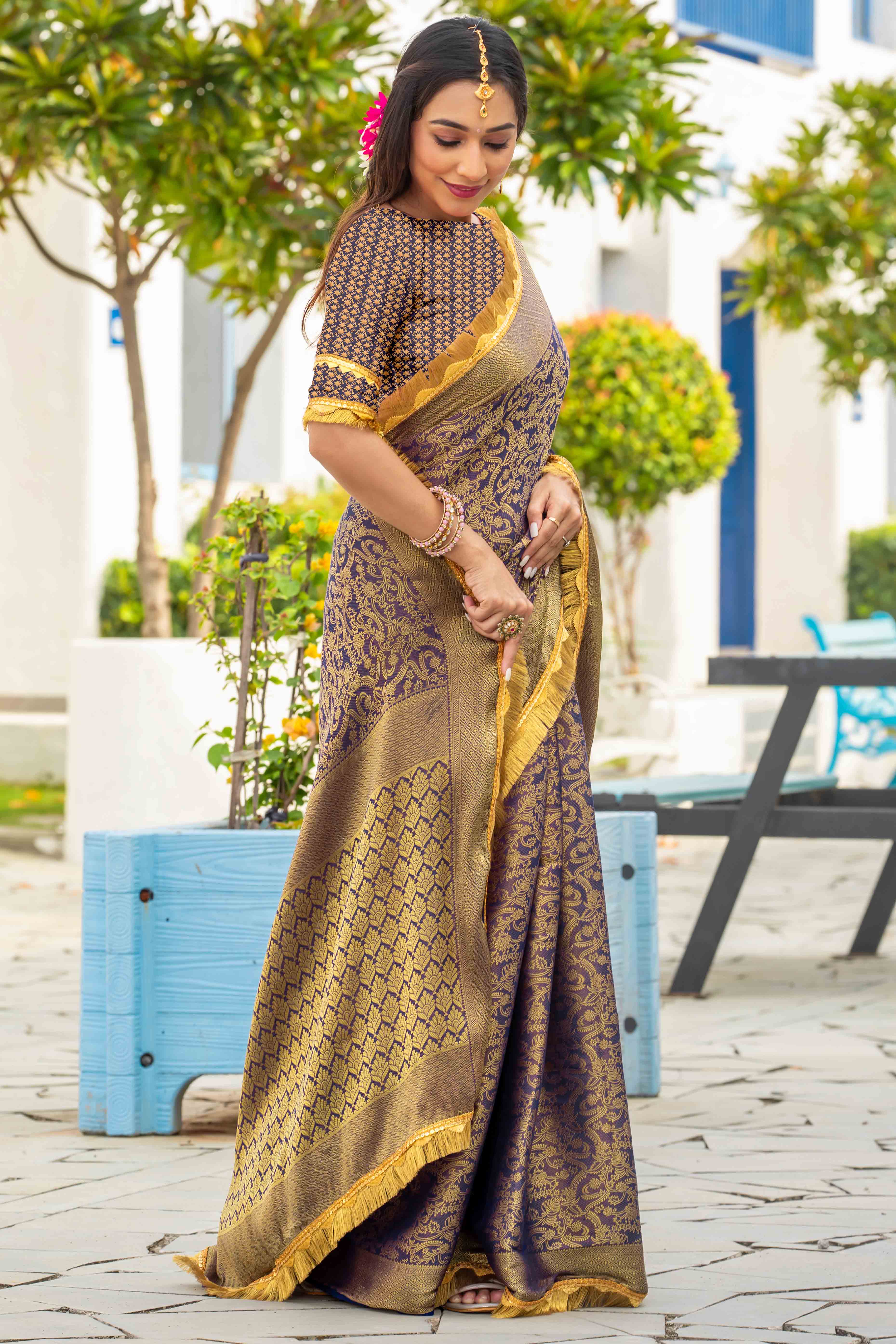 Blue Zari Weaving Mysore Brocade Silk Saree With Zari Border - Image 4