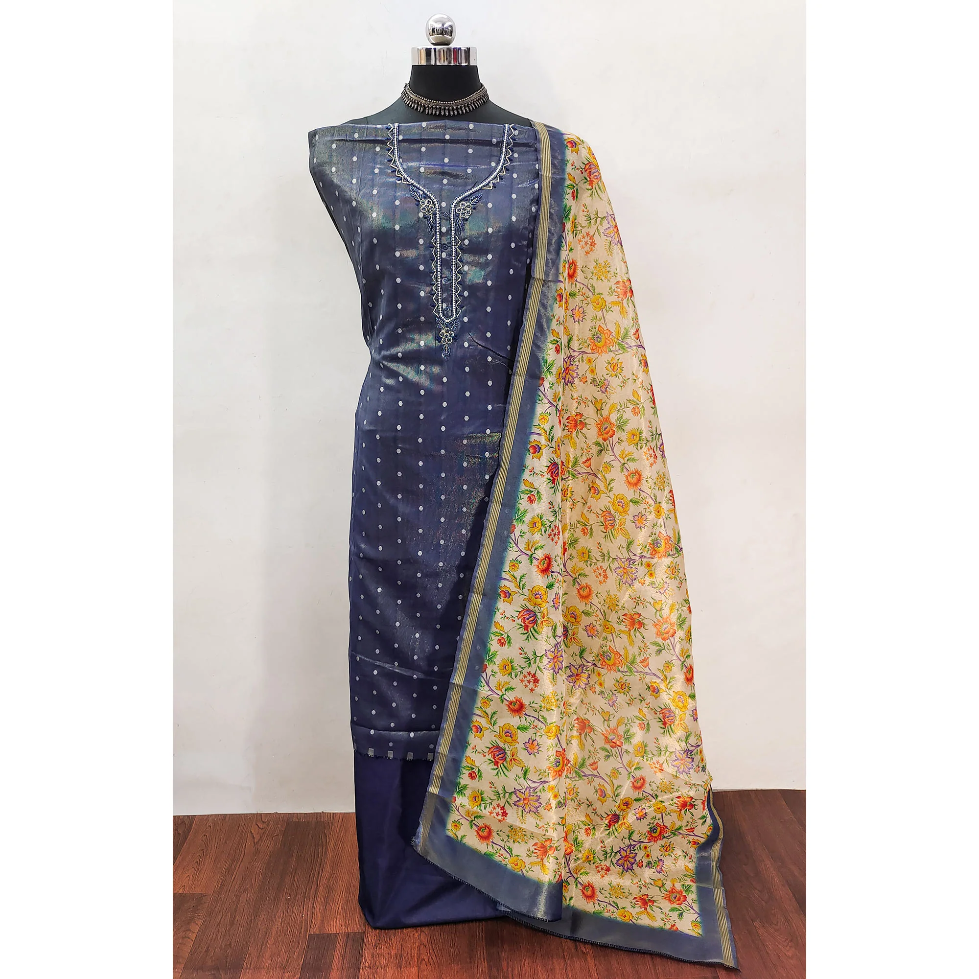 Blue Zari Work Woven Net Dress Material - Image 3