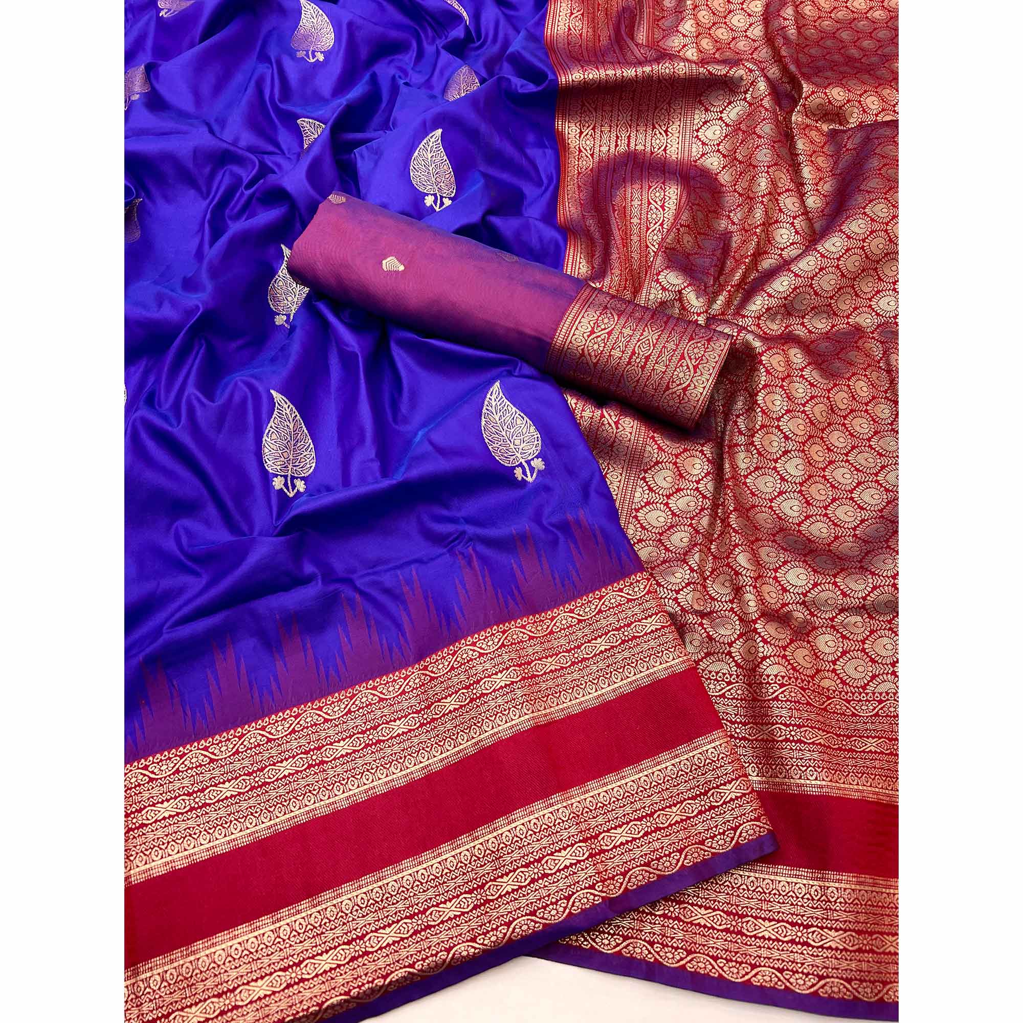 Blue Zari Woven Art Silk Saree Featuring Delicate Floral Motifs & Regal Banarasi Pallu - Image 3