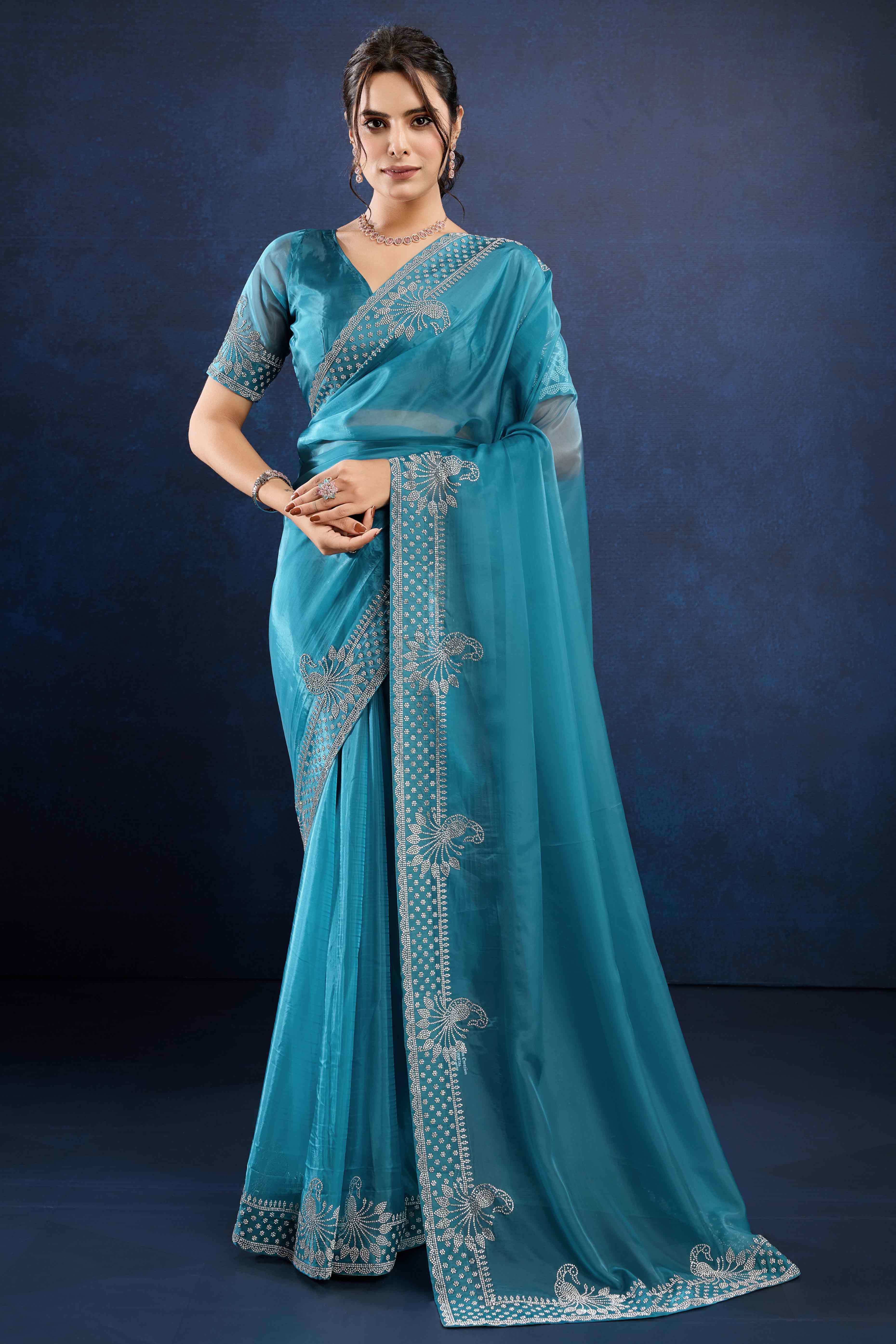 Blue Zarkan Diamond Work Tissue Silk Saree - Image 3