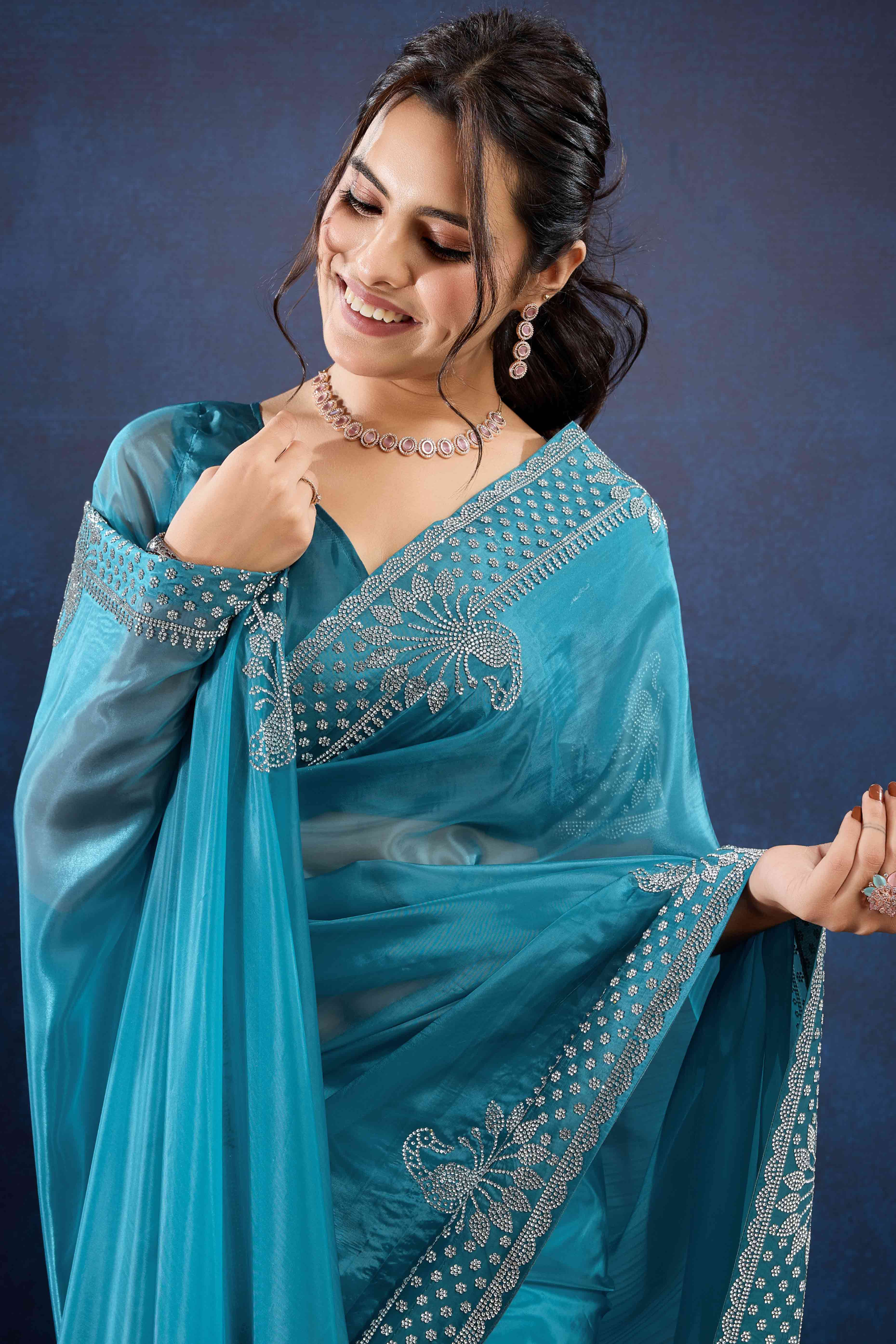 Blue Zarkan Diamond Work Tissue Silk Saree - Image 4