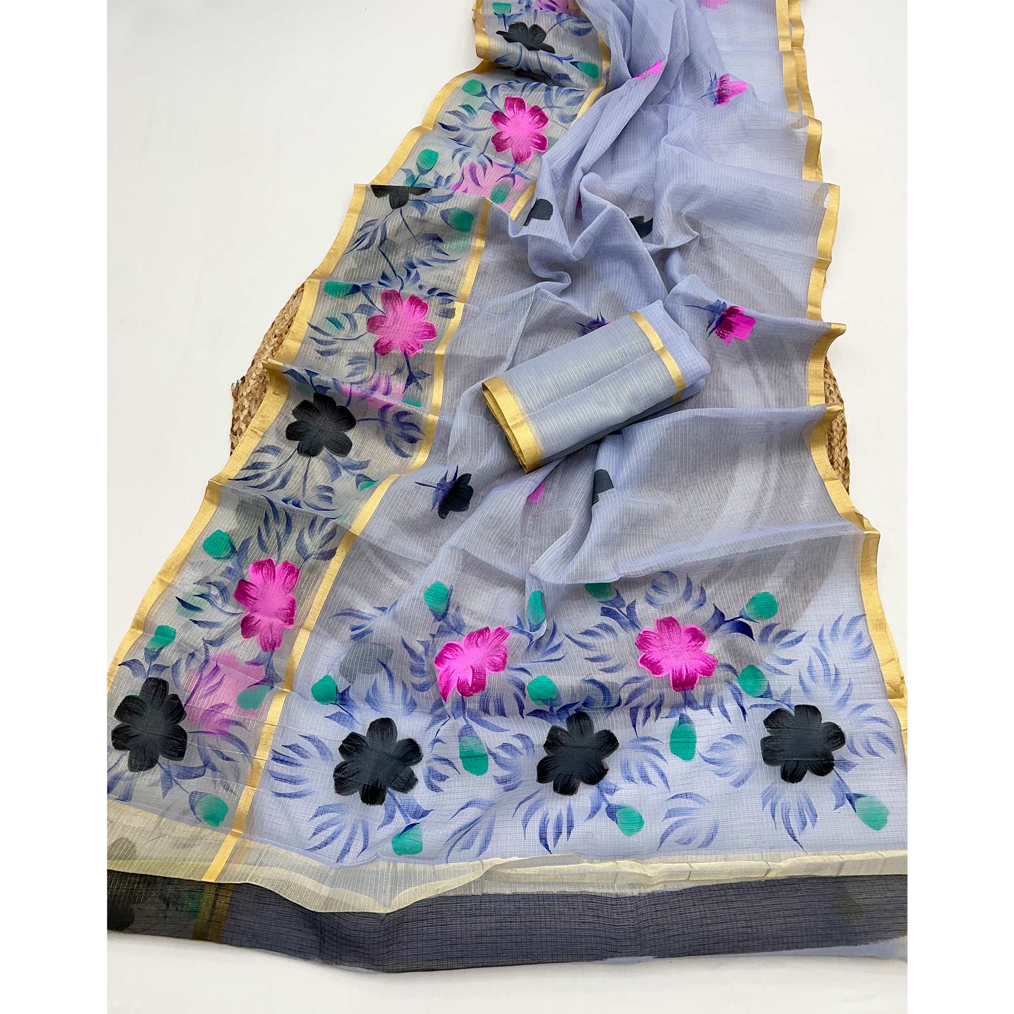 Bluish Grey Floral Brush-Painted Kota Doria Saree with Elegant Artistic Detailing - Image 3