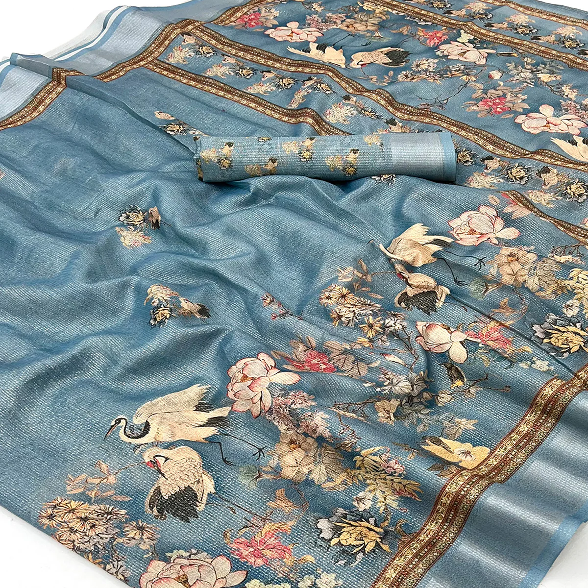 Bluish Grey Floral Digital Printed Cotton Blend Weaving Zari Saree With Tassel Pallu - Image 2
