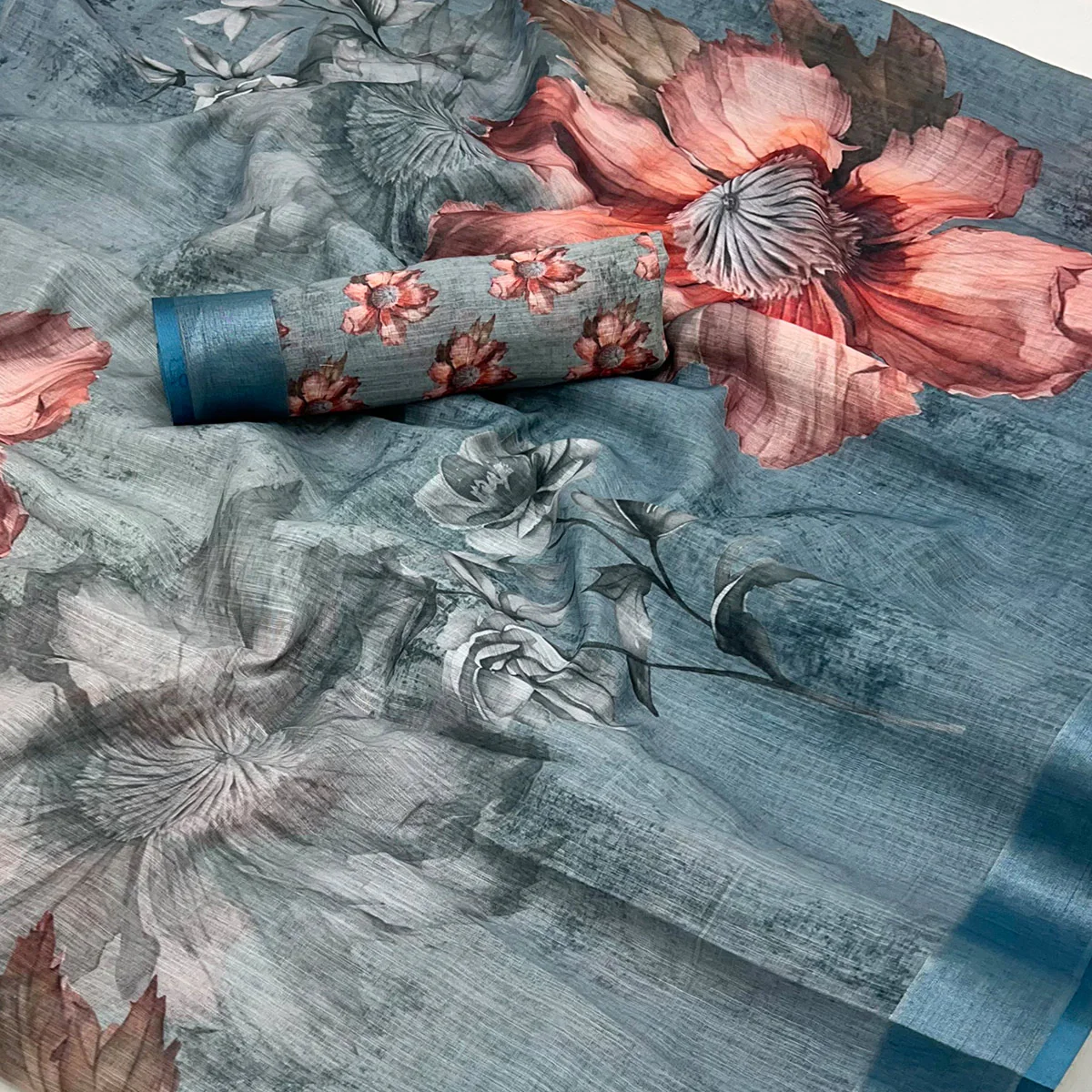 Bluish Grey Floral Digital Printed Linen Saree With Zari Border - Image 2