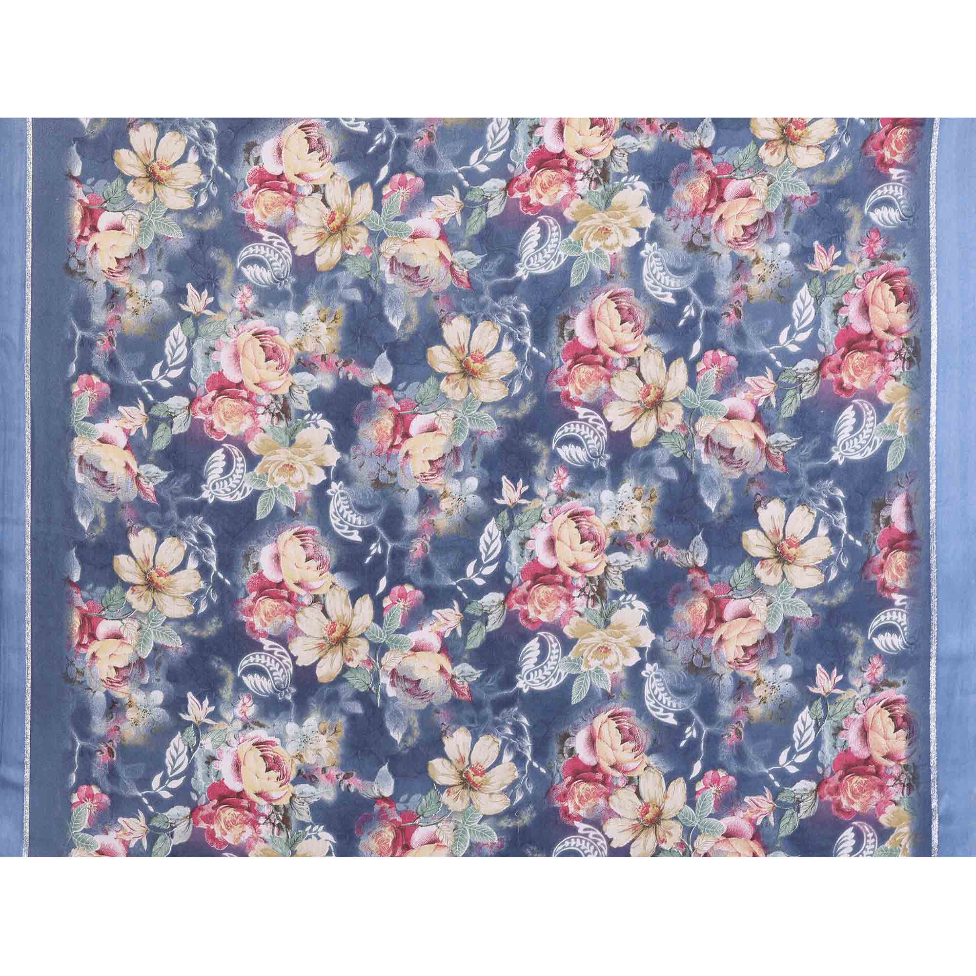 Bluish Grey Floral Printed Crepe Saree Enhanced With A Lustrous Satin Patta Border - Image 7