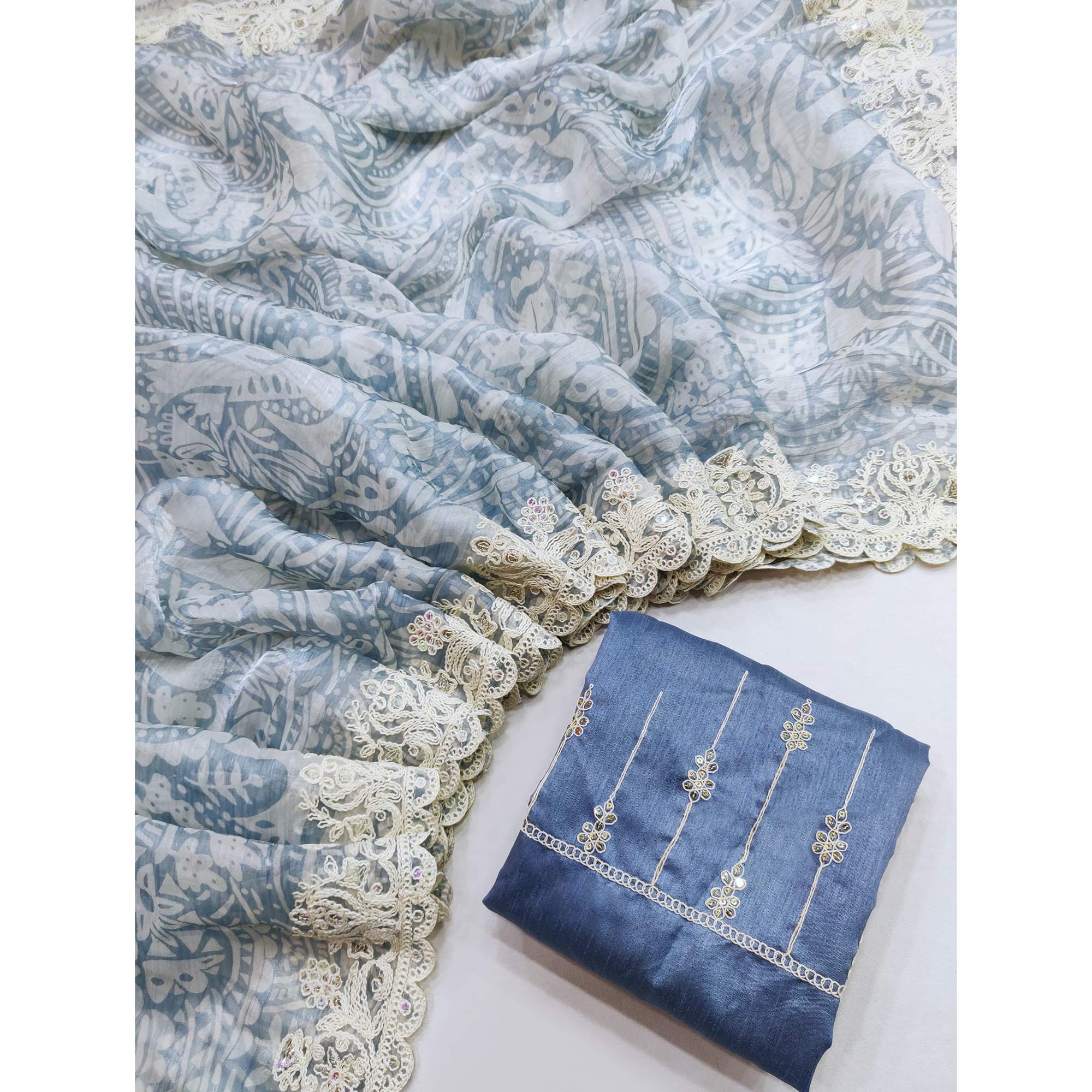 Bluish Grey Floral Printed Jimmy Choo Tissue Saree With Sequins Embroidered Border - Image 3