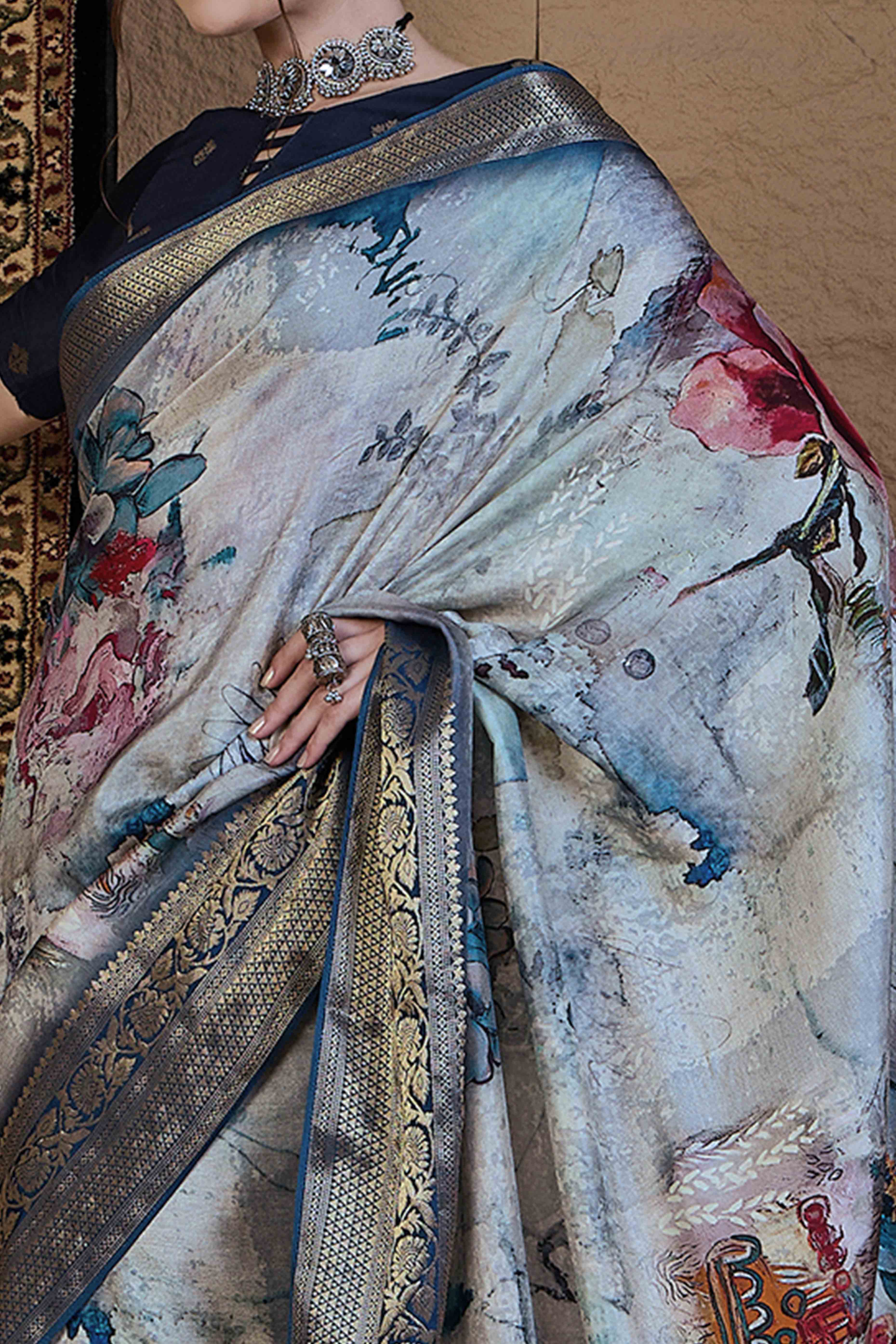 Bluish Grey Floral Printed Viscose Saree - Image 2