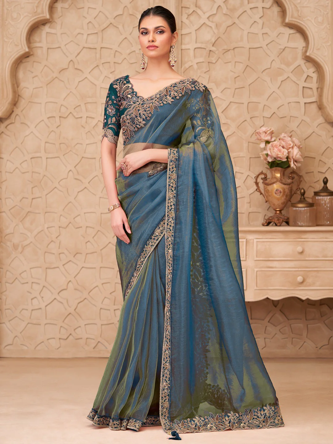 Bluish Grey Georgette Saree with Elegant Embroidered Work and Modern Ethnic Appeal