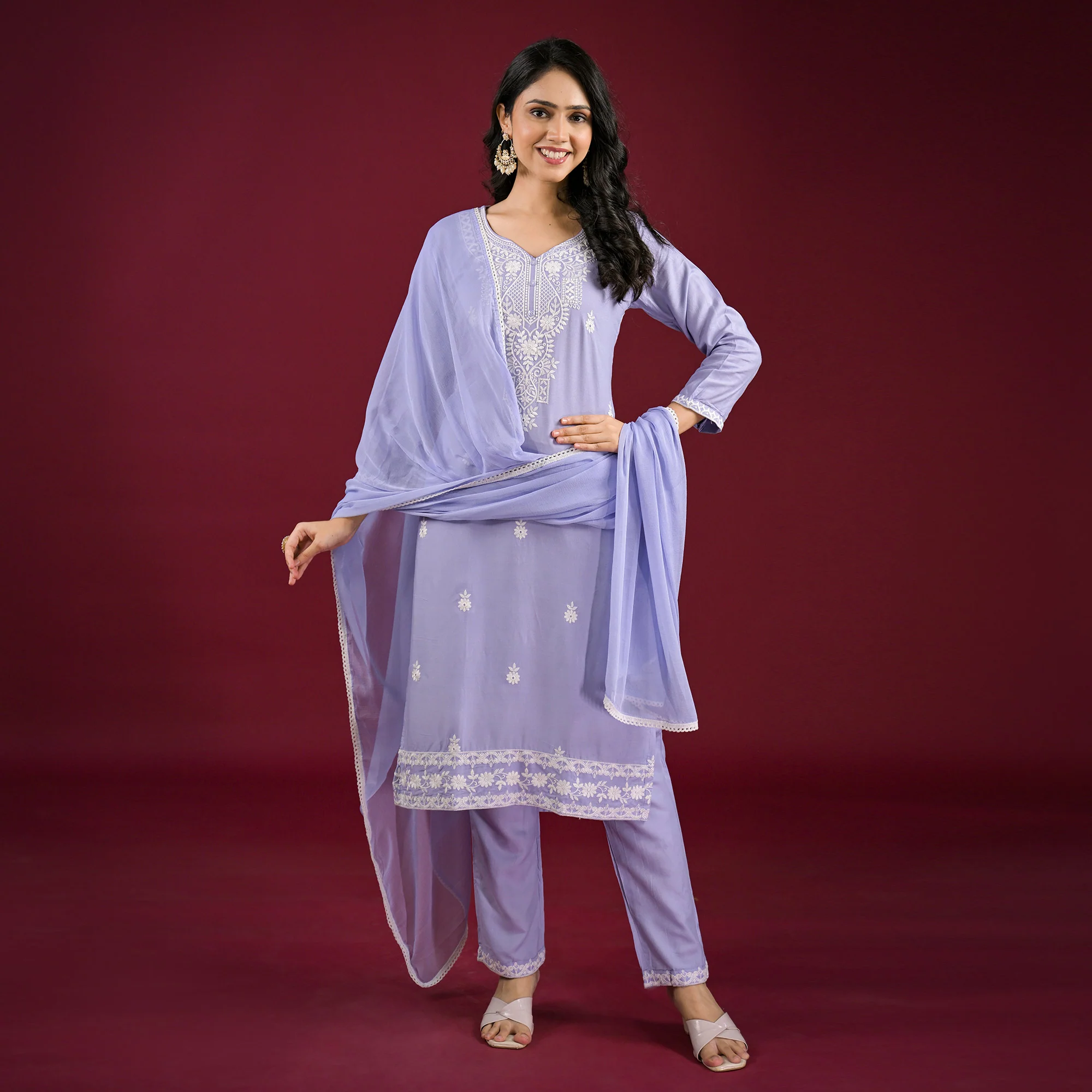Bluish Lavender Floral Embroidered Rayon Salwar Suit - Image 2