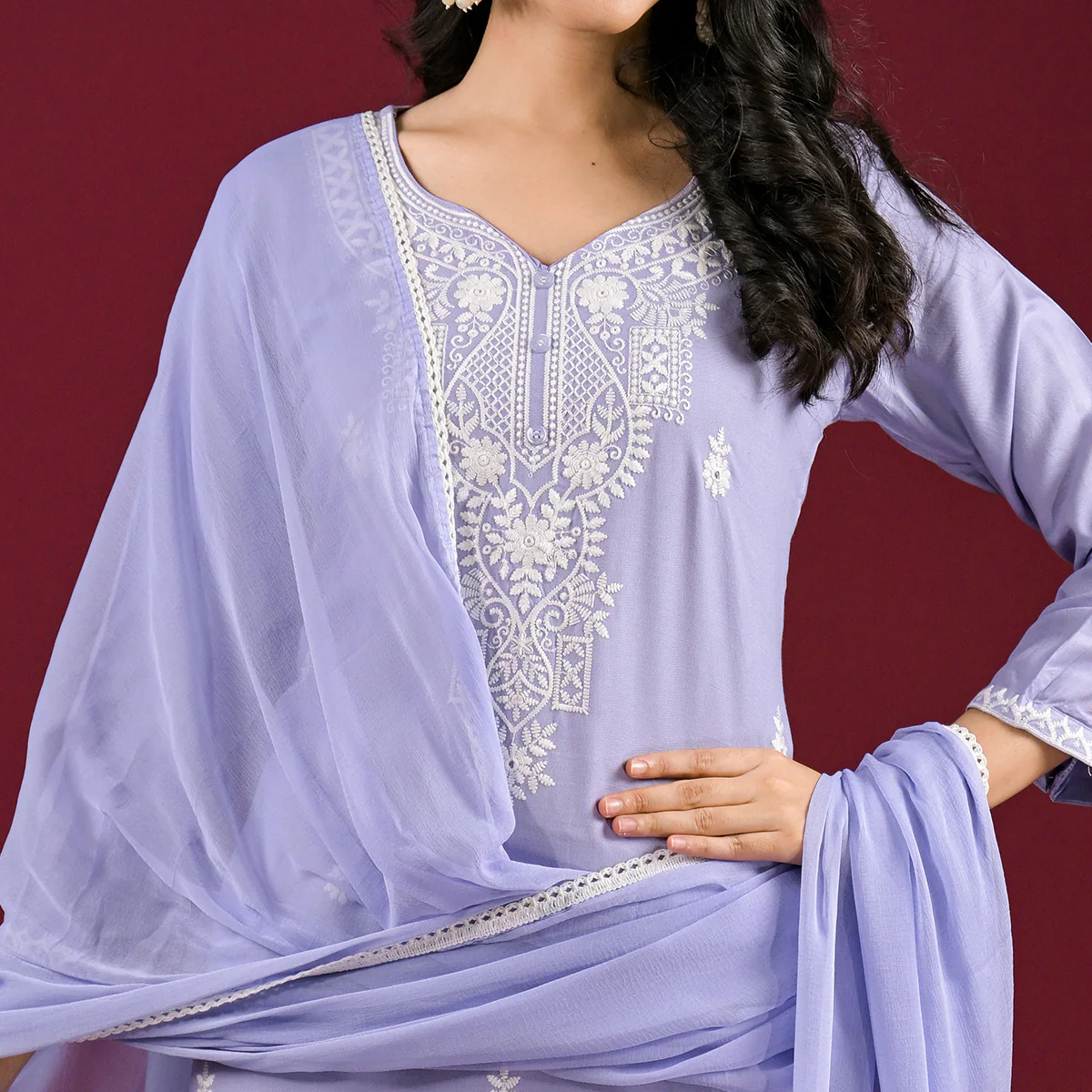 Bluish Lavender Floral Embroidered Rayon Salwar Suit - Image 3