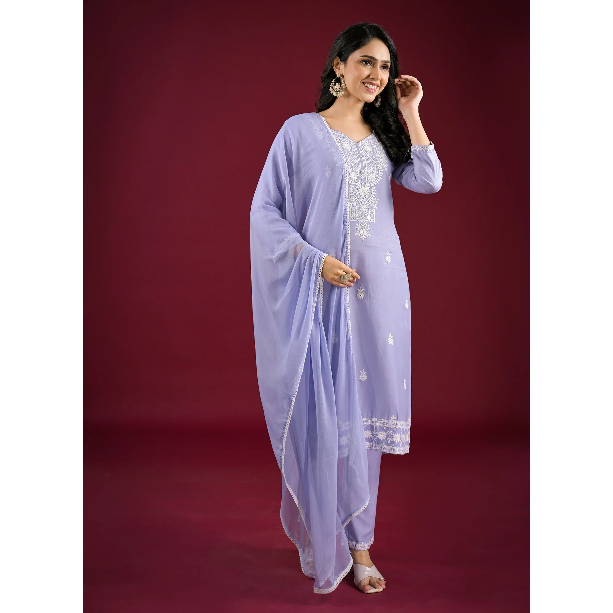 Bluish Lavender Floral Embroidered Rayon Salwar Suit - Image 4