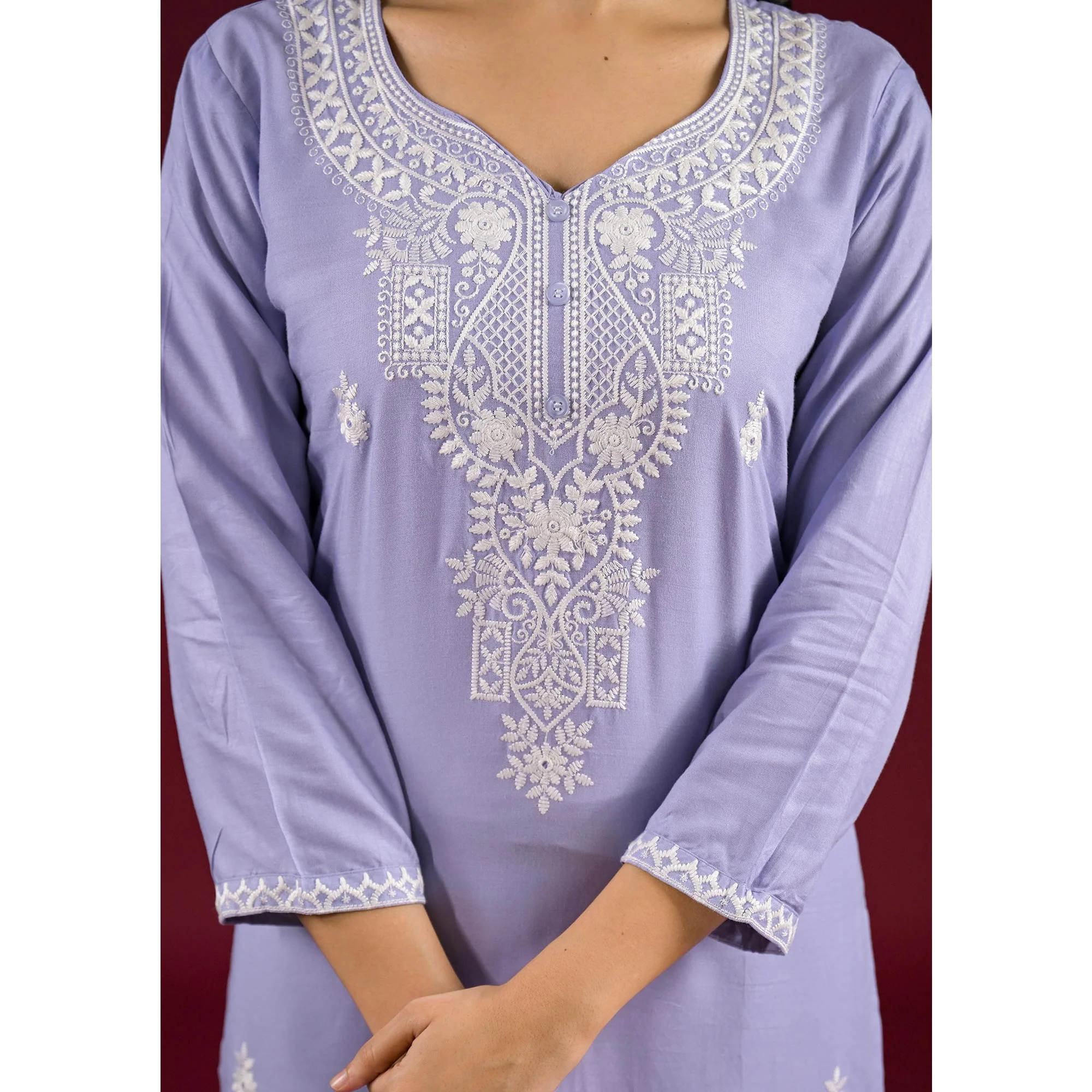 Bluish Lavender Floral Embroidered Rayon Salwar Suit - Image 9