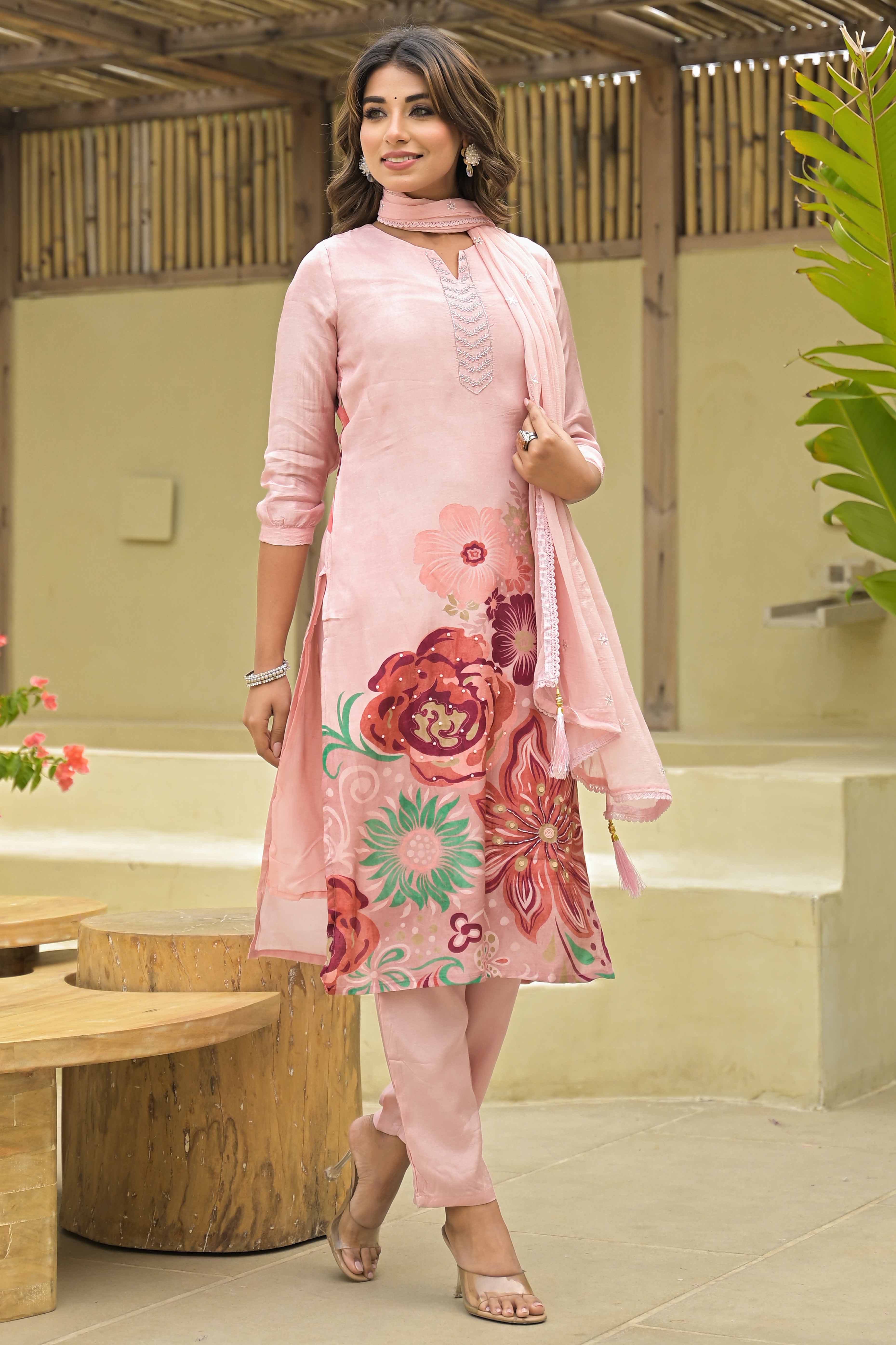Blush Peach Floral Printed Muslin Straight Salwar Suit With Handwork - Image 3