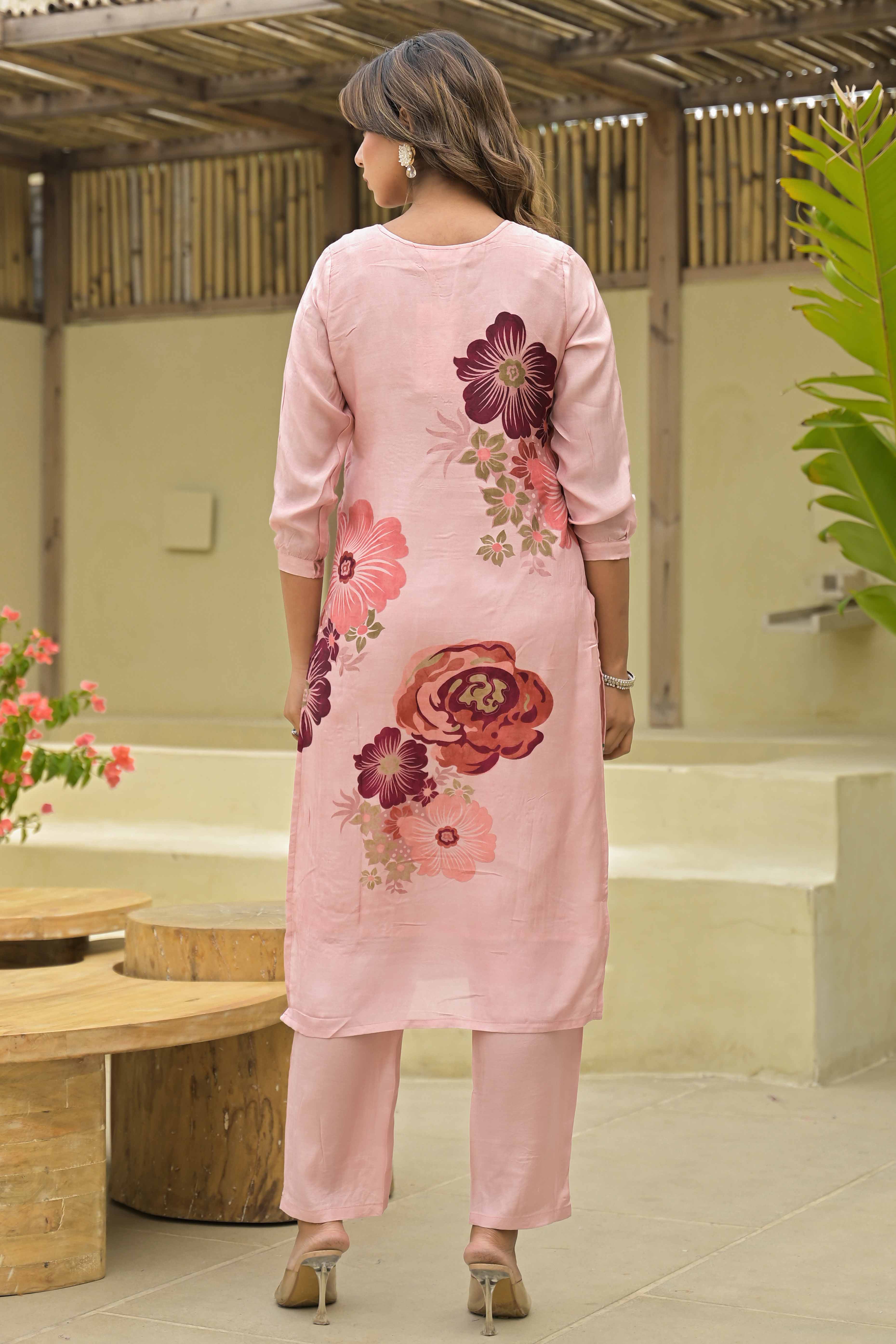 Blush Peach Floral Printed Muslin Straight Salwar Suit With Handwork - Image 6
